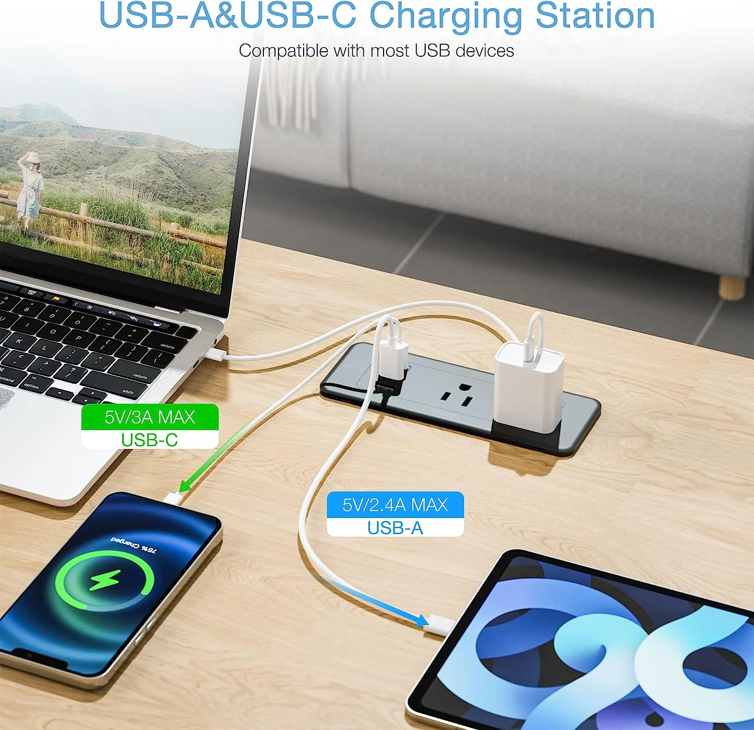 TESSAN Ultra-Thin Flat Plug 5ft with 4 Outlets 3 USB Charger(1 USB C Port), Recessed Power Strip Surge Protector - Image 3