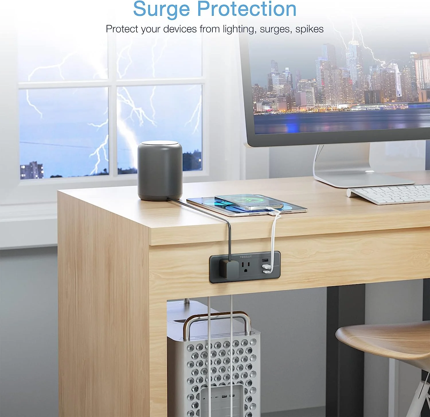 TESSAN Ultra-Thin Flat Plug 5ft with 4 Outlets 3 USB Charger(1 USB C Port), Recessed Power Strip Surge Protector - Image 5