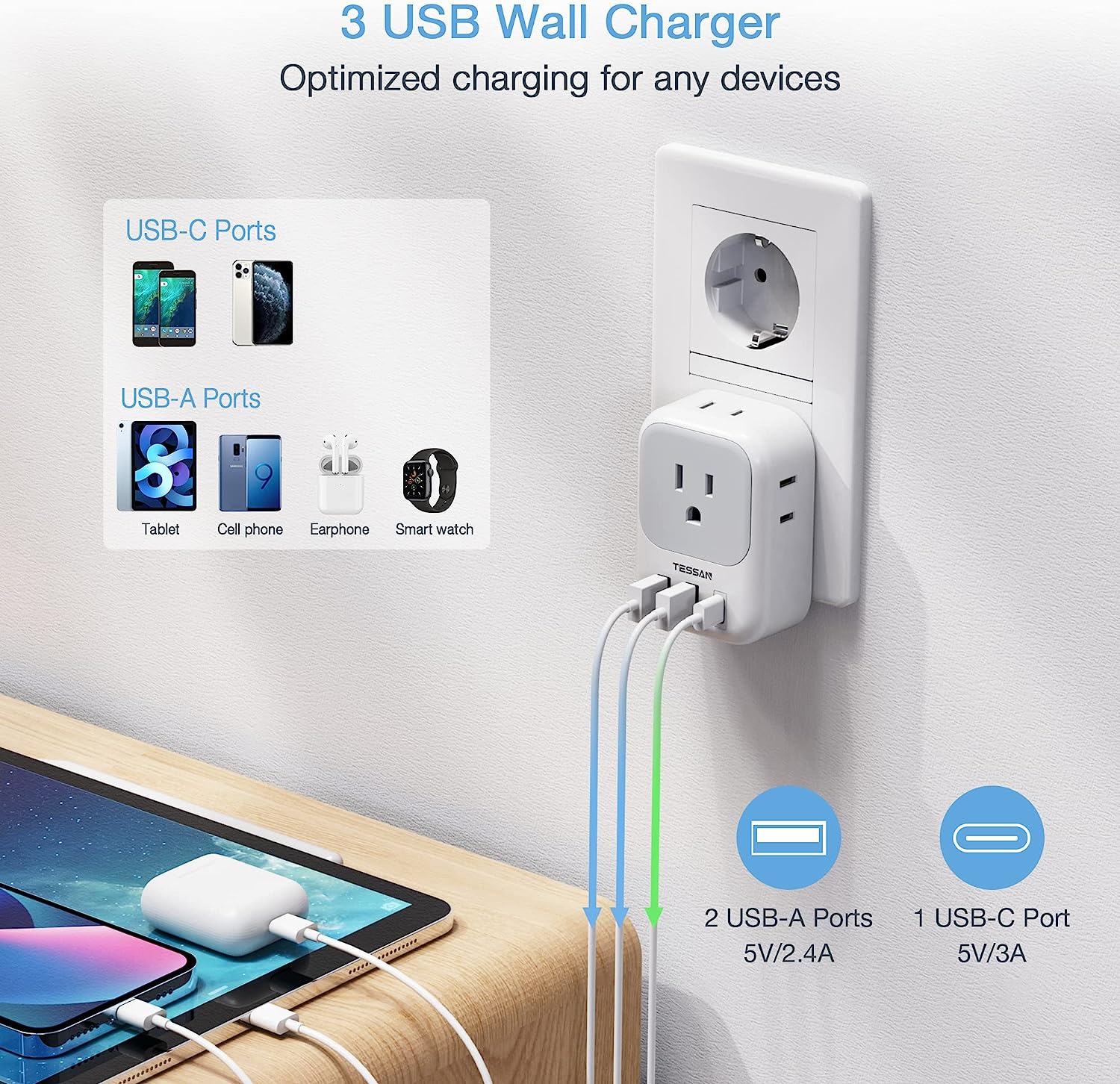 TESSAN Germany France Power Adapter with 4 AC Outlets and 3 USB Ports(1 USB C) - Image 3