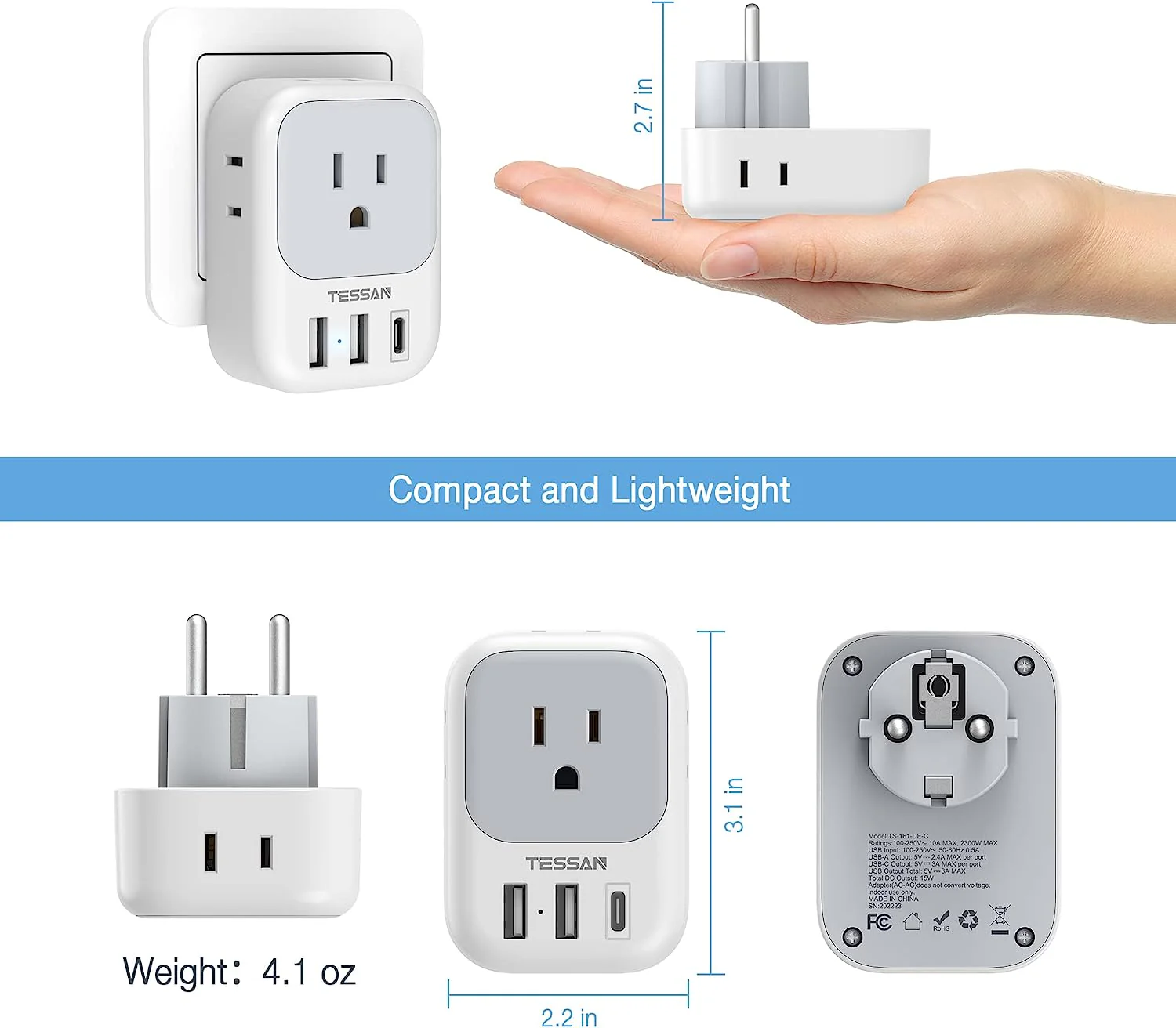 TESSAN Germany France Power Adapter with 4 AC Outlets and 3 USB Ports(1 USB C) - Image 5