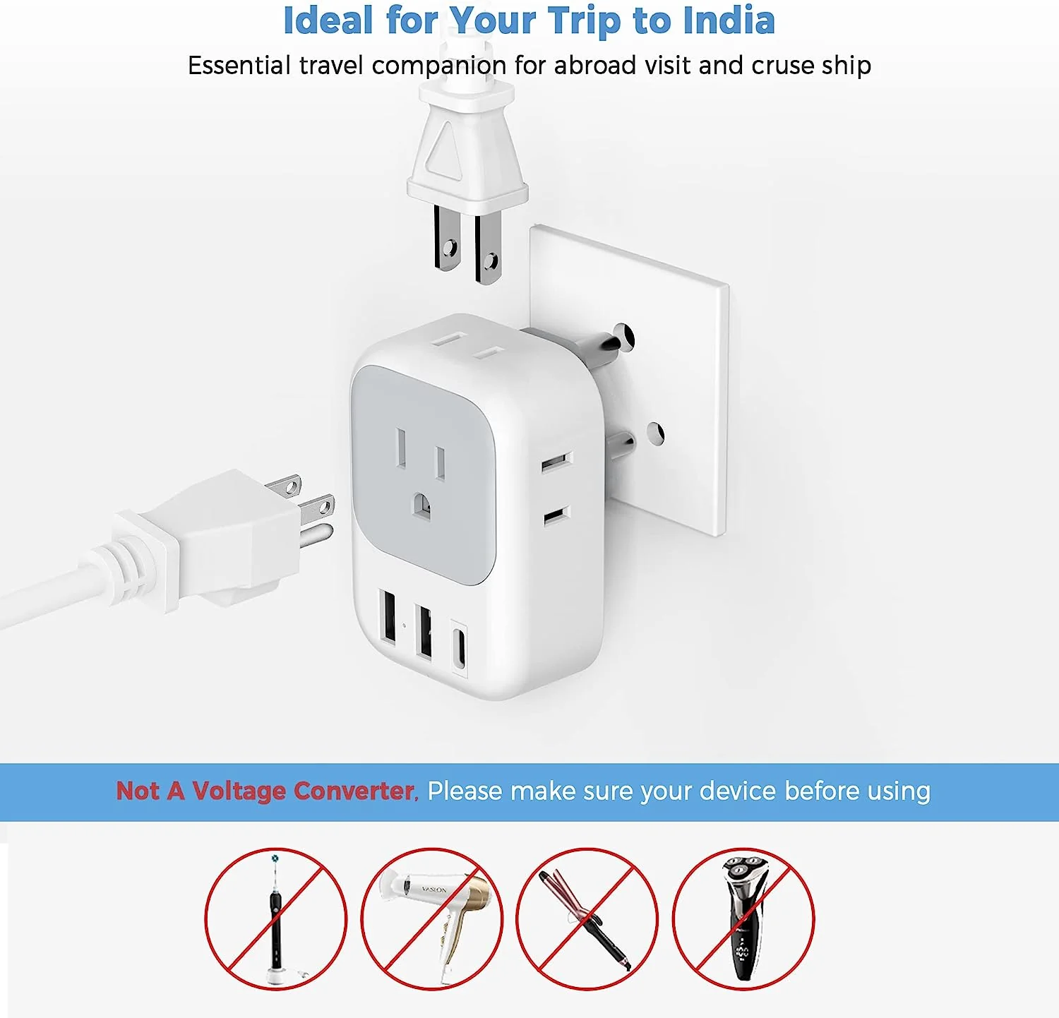 TESSAN India Power Adapter with 4 American Outlets 3 USB Charger (1 USB C Port) - Image 6