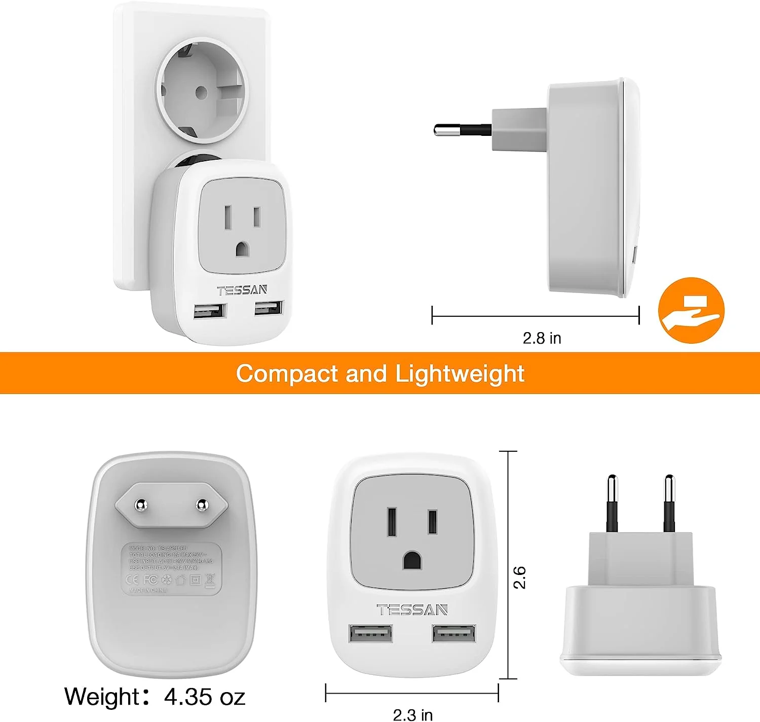TESSAN International Power Adaptor 2 USB, European Travel Plug Adapter 3 Pack - Image 7