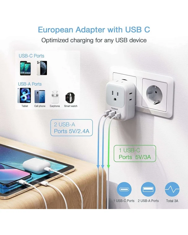 TESSAN US To European Travel Adapter PD 15W - Image 3