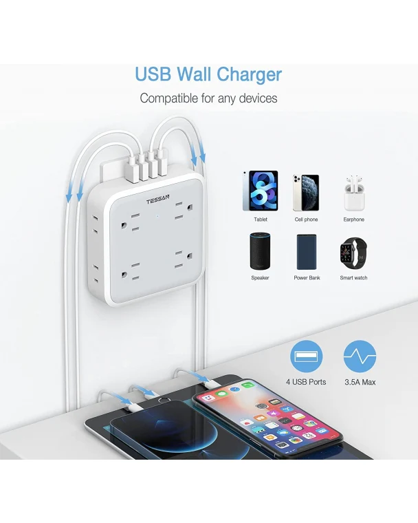 TESSAN Surge Protector Multi Plug Outlet Extender With 8 Outlet & 4 USB - Image 4