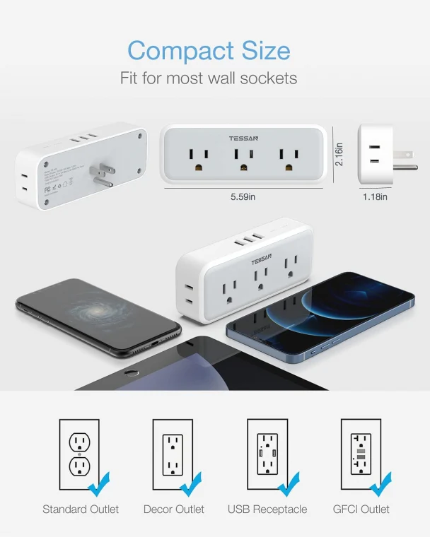 TESSAN Multi Outlet Extender, Surge Protection, Compact Design Saving Space For Other Electronics - Image 5