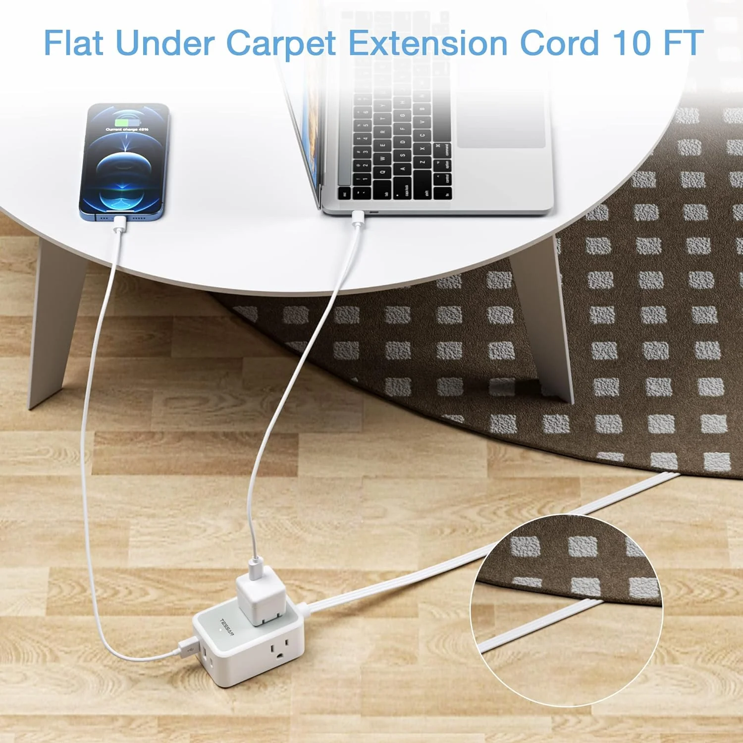 TESSAN Small Flat Plug Power Strip with 3 USB Charger (1 USB C), Ultra Thin Flat Extension Cord 10 FT - Image 3