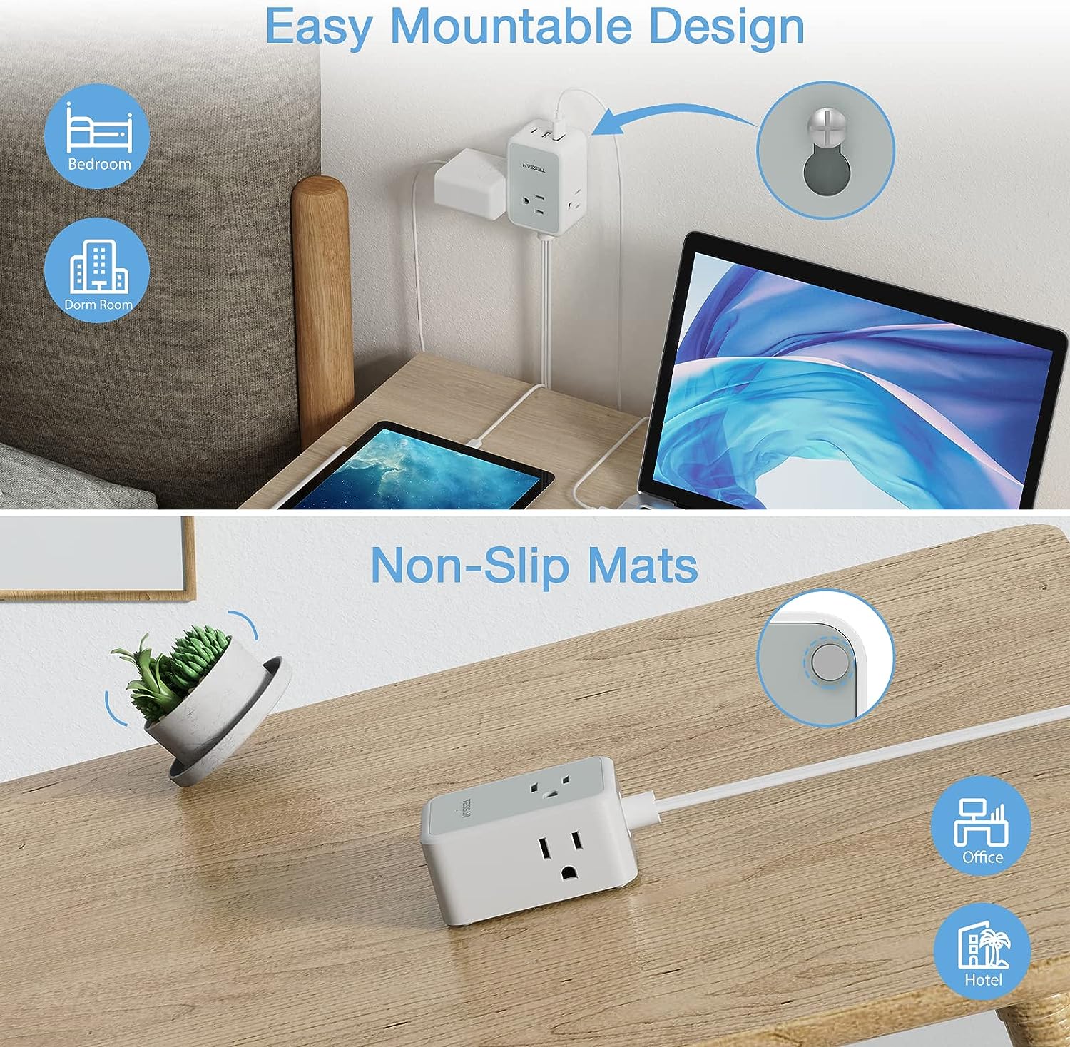 TESSAN Small Flat Plug Power Strip with 3 USB Charger (1 USB C), Ultra Thin Flat Extension Cord 10 FT - Image 6