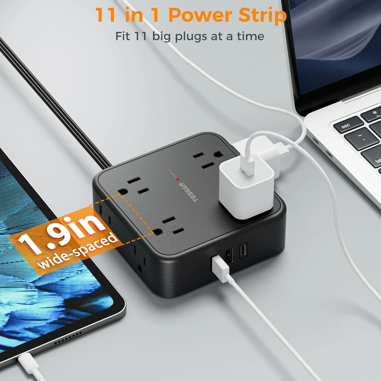 TESSAN Surge Protector Flat Plug Power Strip, Black Extension Cord, 8 AC Outlets, 3 USB Charger(1 USB C Port) - Image 3