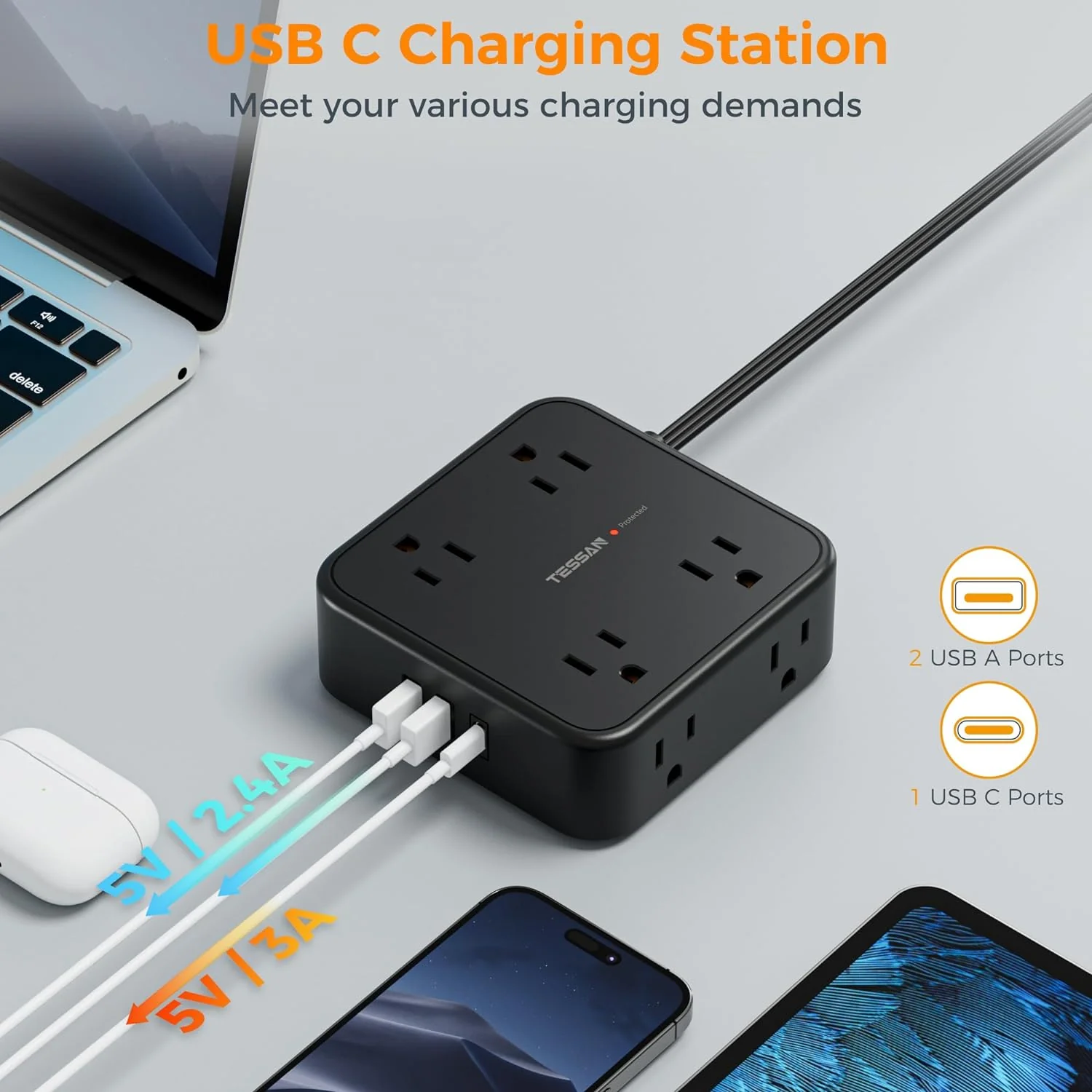 TESSAN Surge Protector Flat Plug Power Strip, Black Extension Cord, 8 AC Outlets, 3 USB Charger(1 USB C Port) - Image 4