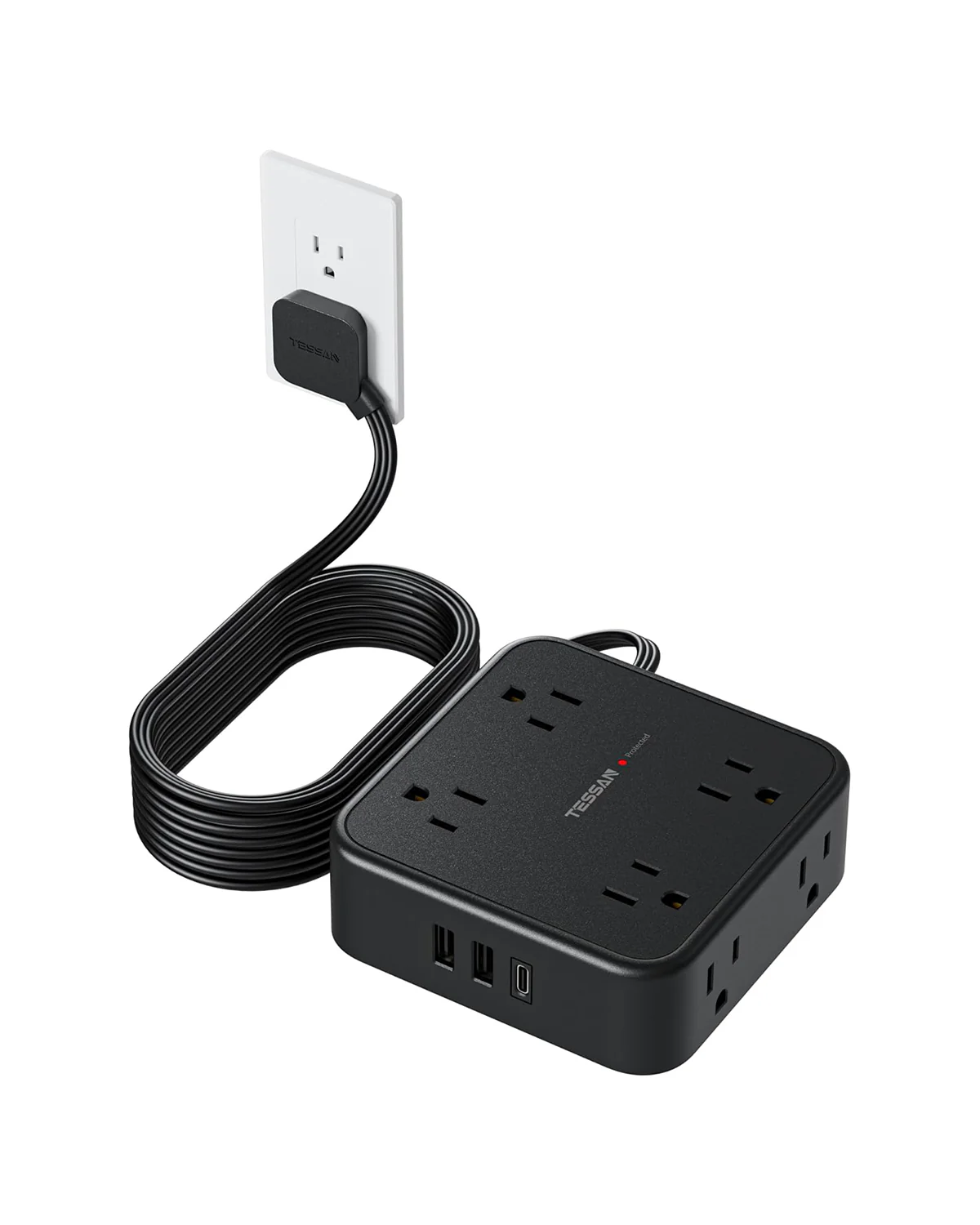 TESSAN Surge Protector Flat Plug Power Strip, Black Extension Cord, 8 AC Outlets, 3 USB Charger(1 USB C Port) - Image 7