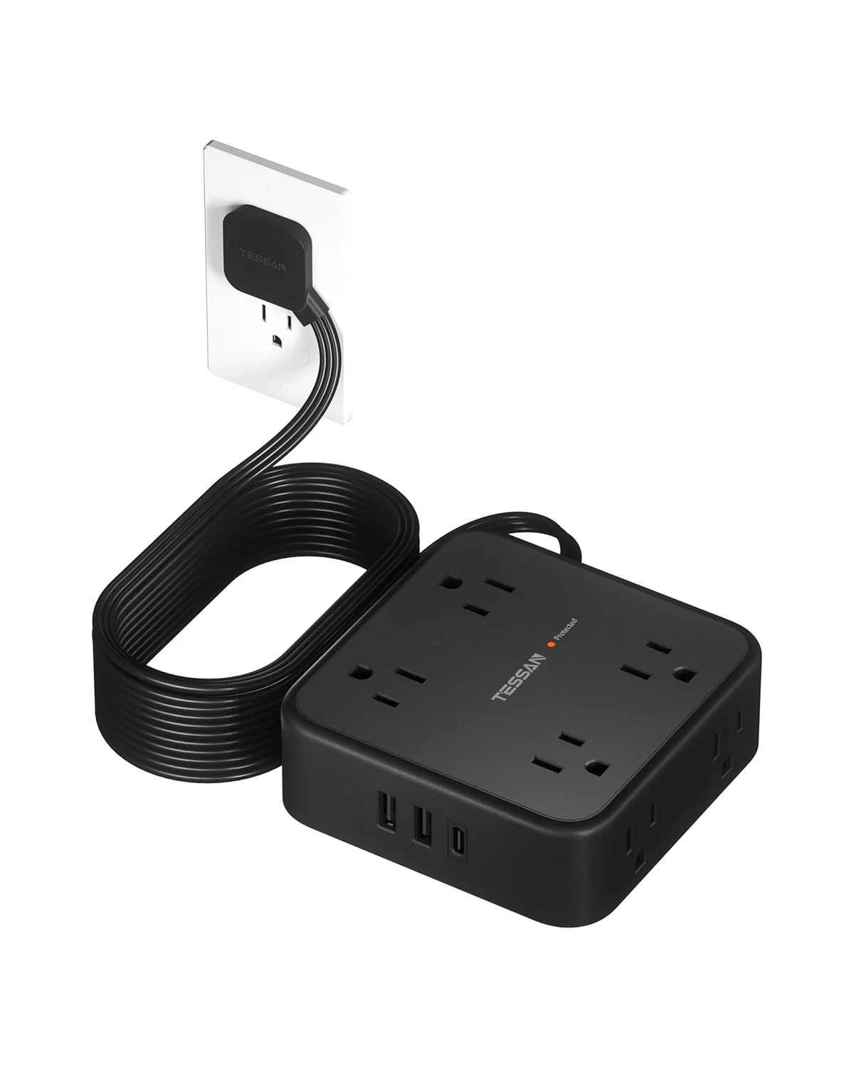 TESSAN Surge Protector Flat Plug Power Strip, Black Extension Cord, 8 AC Outlets, 3 USB Charger(1 USB C Port) - Image 8