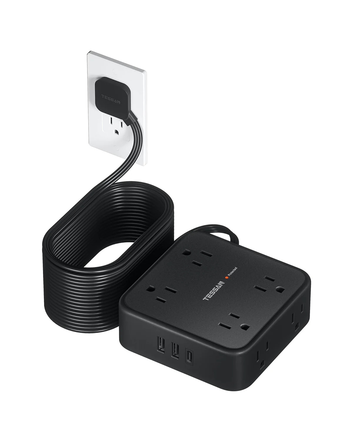 TESSAN Surge Protector Flat Plug Power Strip, Black Extension Cord, 8 AC Outlets, 3 USB Charger(1 USB C Port) - Image 9