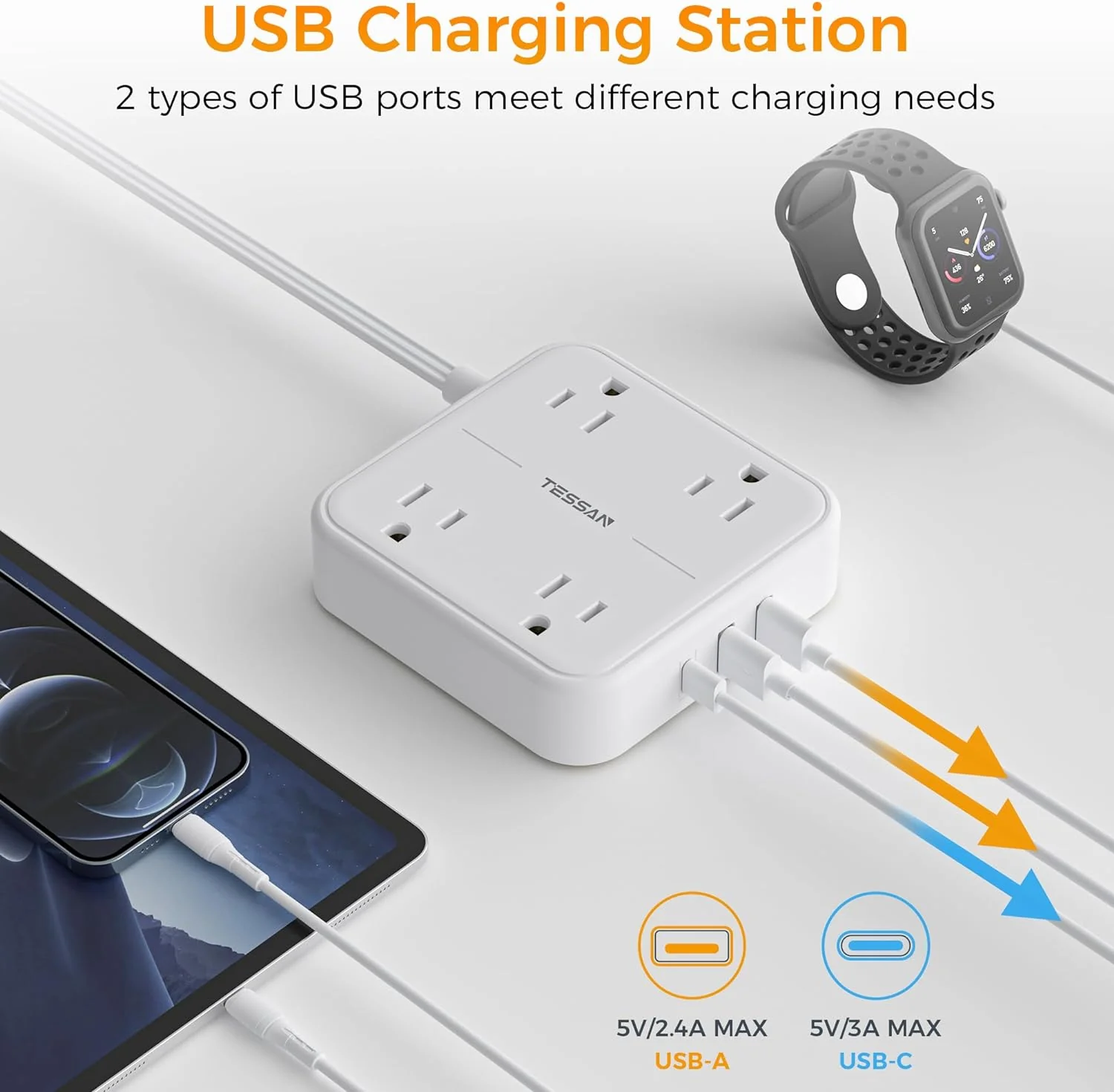 TESSAN Surge Protector Power Strip 10 Feet with 4 Outlets 3 USB Wall Charger (1 USB C), Flat Extension Cord 10 FT - Image 4
