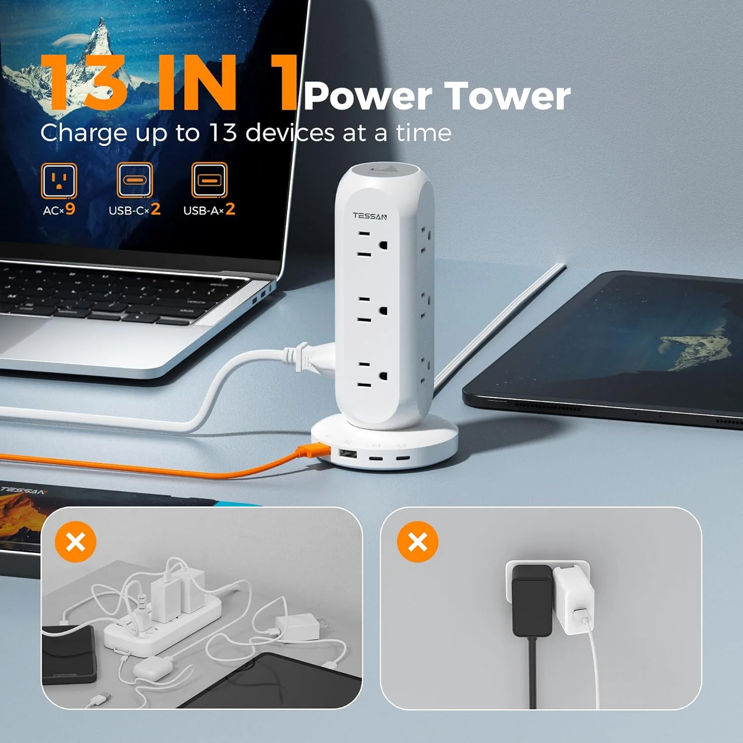 TESSAN 6FT Flat Plug Extension Cord, 9 Outlets 4 USB Charging Station, 900J Surge Protection for Office, Dorm, Home - Image 3