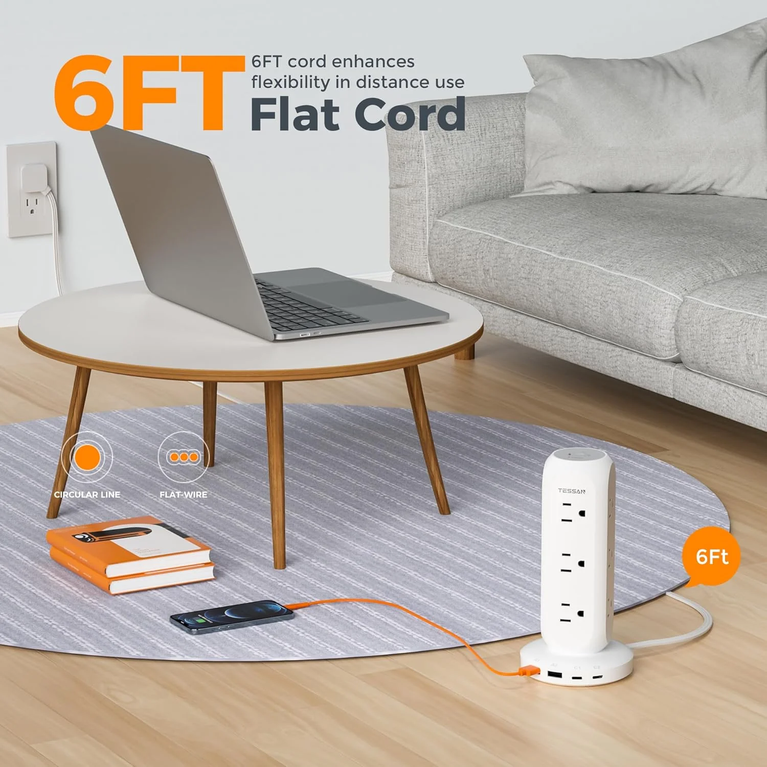 TESSAN 6FT Flat Plug Extension Cord, 9 Outlets 4 USB Charging Station, 900J Surge Protection for Office, Dorm, Home - Image 6