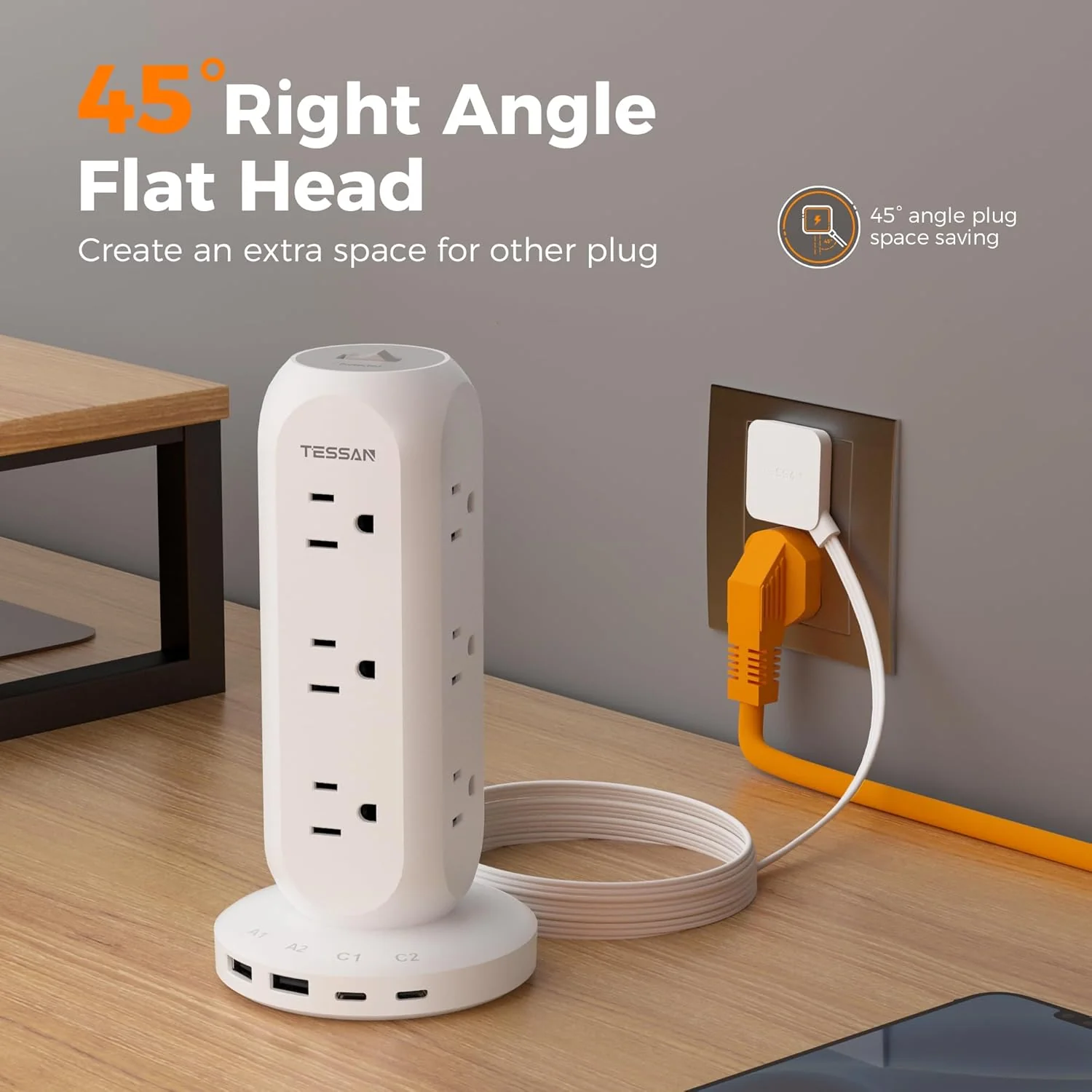 TESSAN 6FT Flat Plug Extension Cord, 9 Outlets 4 USB Charging Station, 900J Surge Protection for Office, Dorm, Home - Image 8