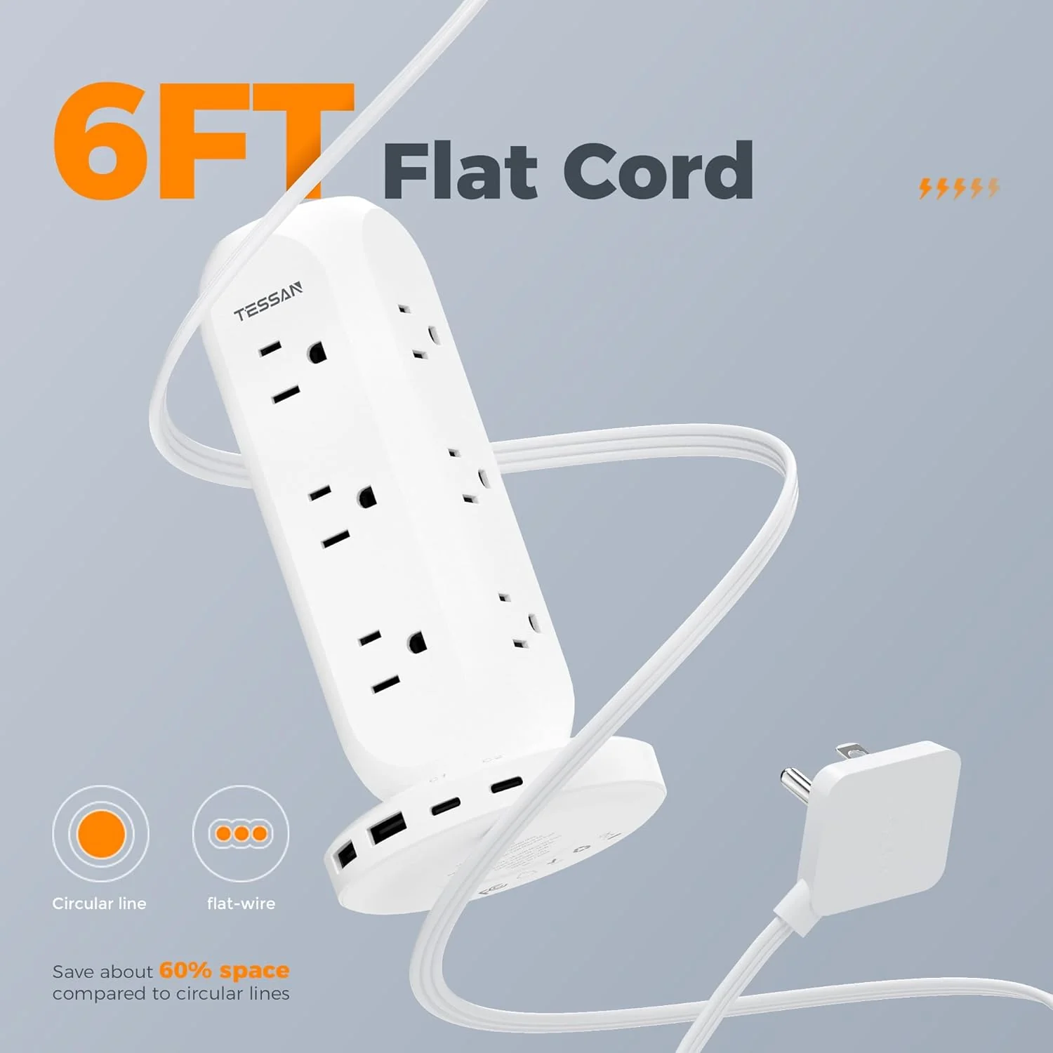 TESSAN 6FT Flat Plug Extension Cord, 9 Outlets 4 USB Charging Station, 900J Surge Protection for Office, Dorm, Home - Image 9