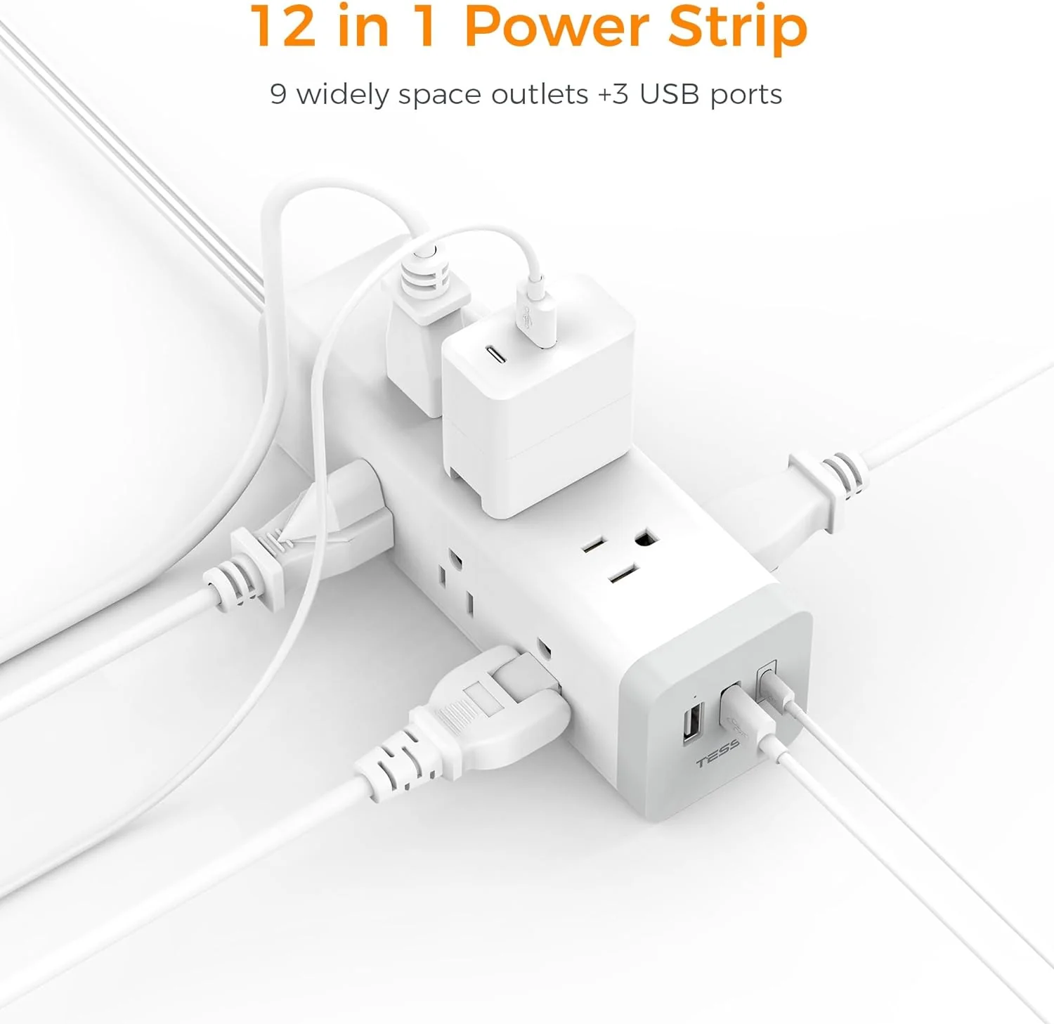 TESSAN Ultra Thin Flat Plug 6 FT Extension Cord with 9 Outlets 3 USB (1 USB C), Surge Protector Power Strip - Image 3
