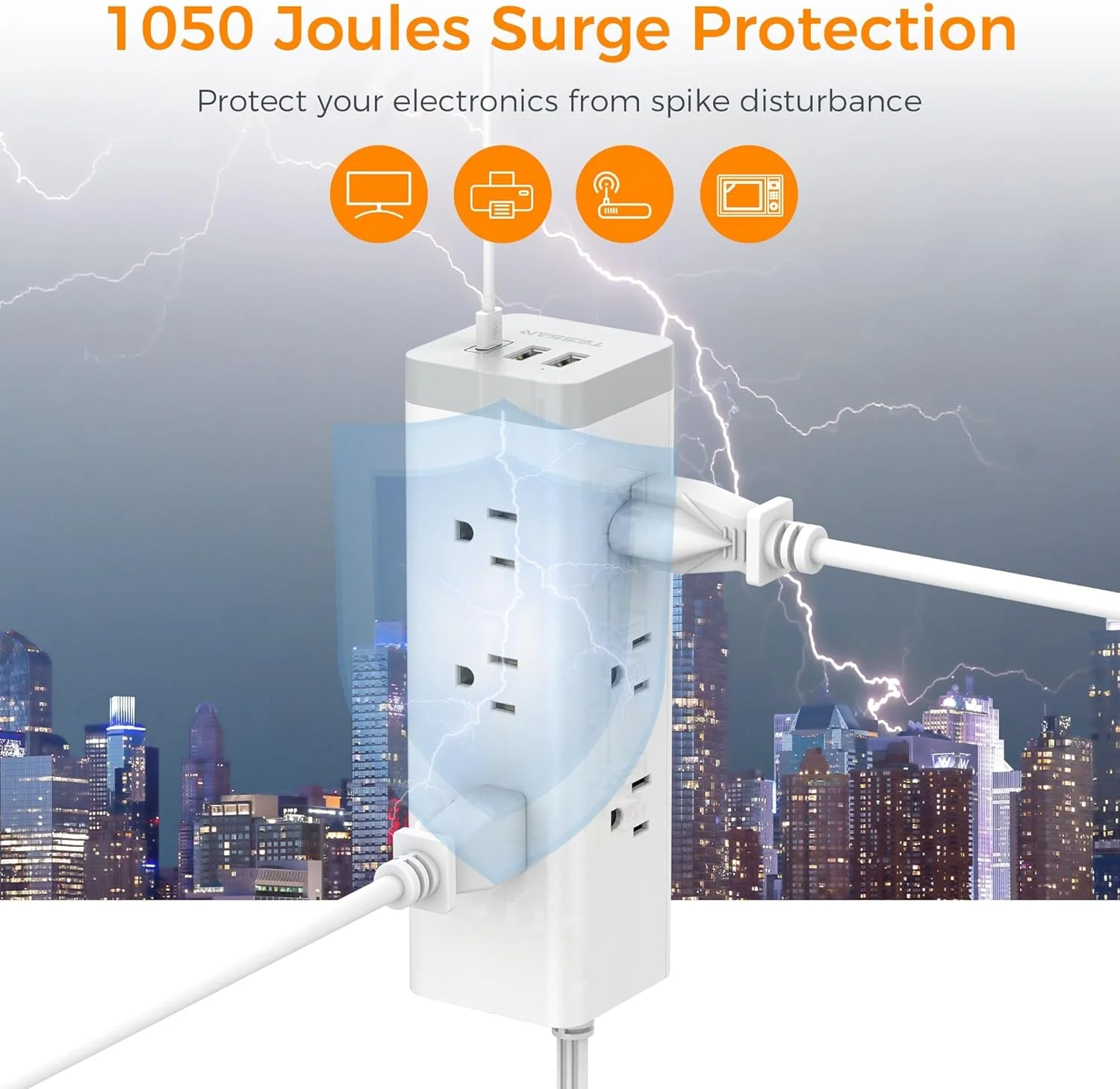 TESSAN Ultra Thin Flat Plug 6 FT Extension Cord with 9 Outlets 3 USB (1 USB C), Surge Protector Power Strip - Image 5