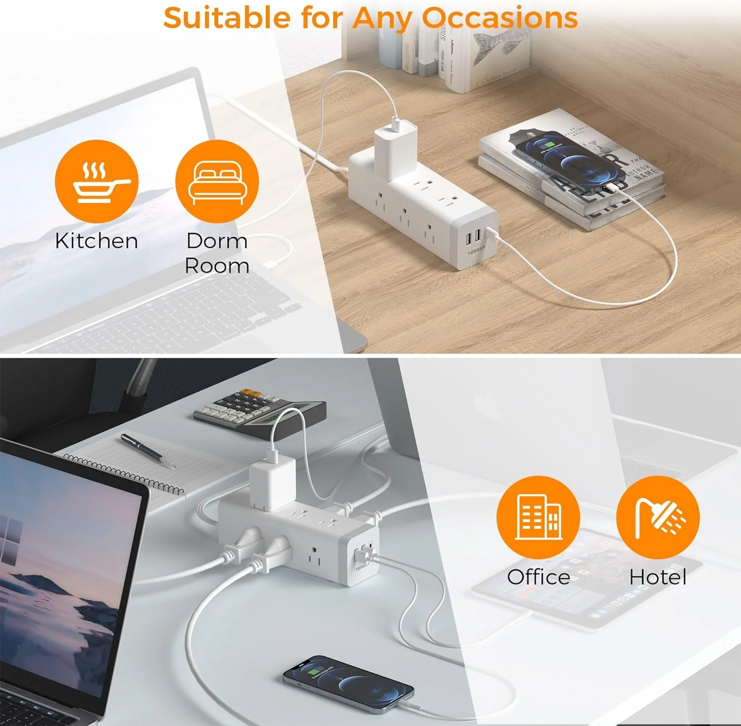 TESSAN Ultra Thin Flat Plug 6 FT Extension Cord with 9 Outlets 3 USB (1 USB C), Surge Protector Power Strip - Image 6