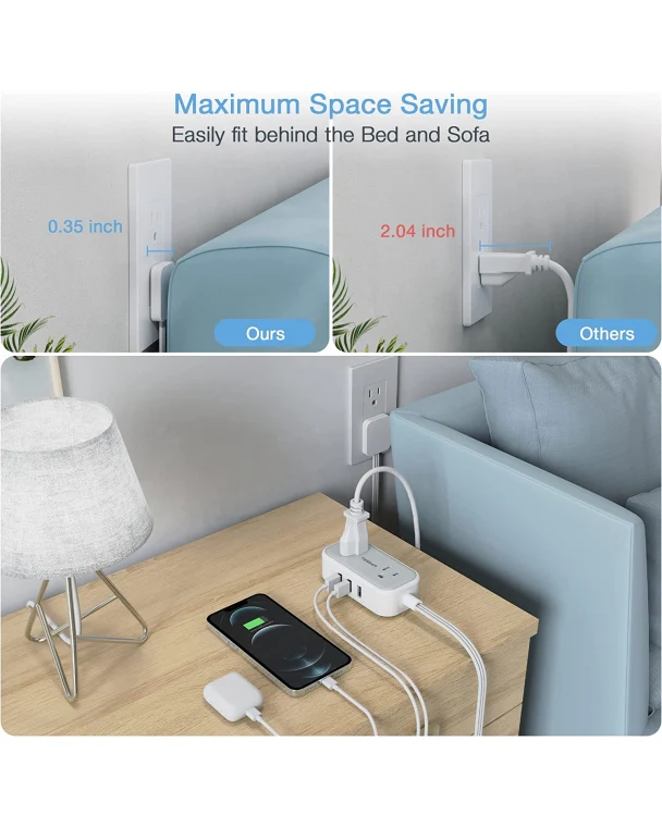 TESSAN Travel Power Strip 5 FT Extension Cord Flat Plug With 2 Outlets 3 USB Ports - Image 3