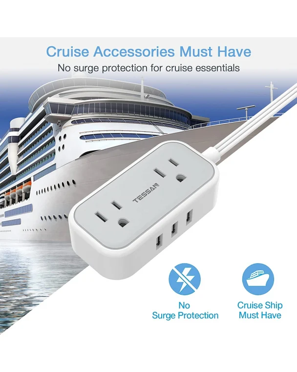 TESSAN Travel Power Strip 5 FT Extension Cord Flat Plug With 2 Outlets 3 USB Ports - Image 5