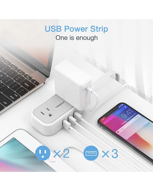 TESSAN Travel Power Strip 5 FT Extension Cord Flat Plug With 2 Outlets 3 USB Ports - Image 6