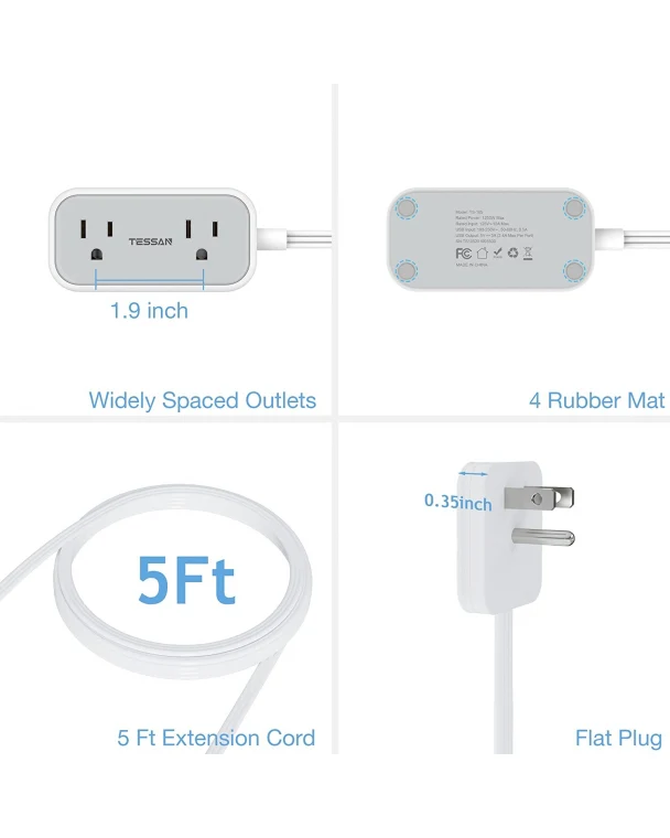 TESSAN Travel Power Strip 5 FT Extension Cord Flat Plug With 2 Outlets 3 USB Ports - Image 7