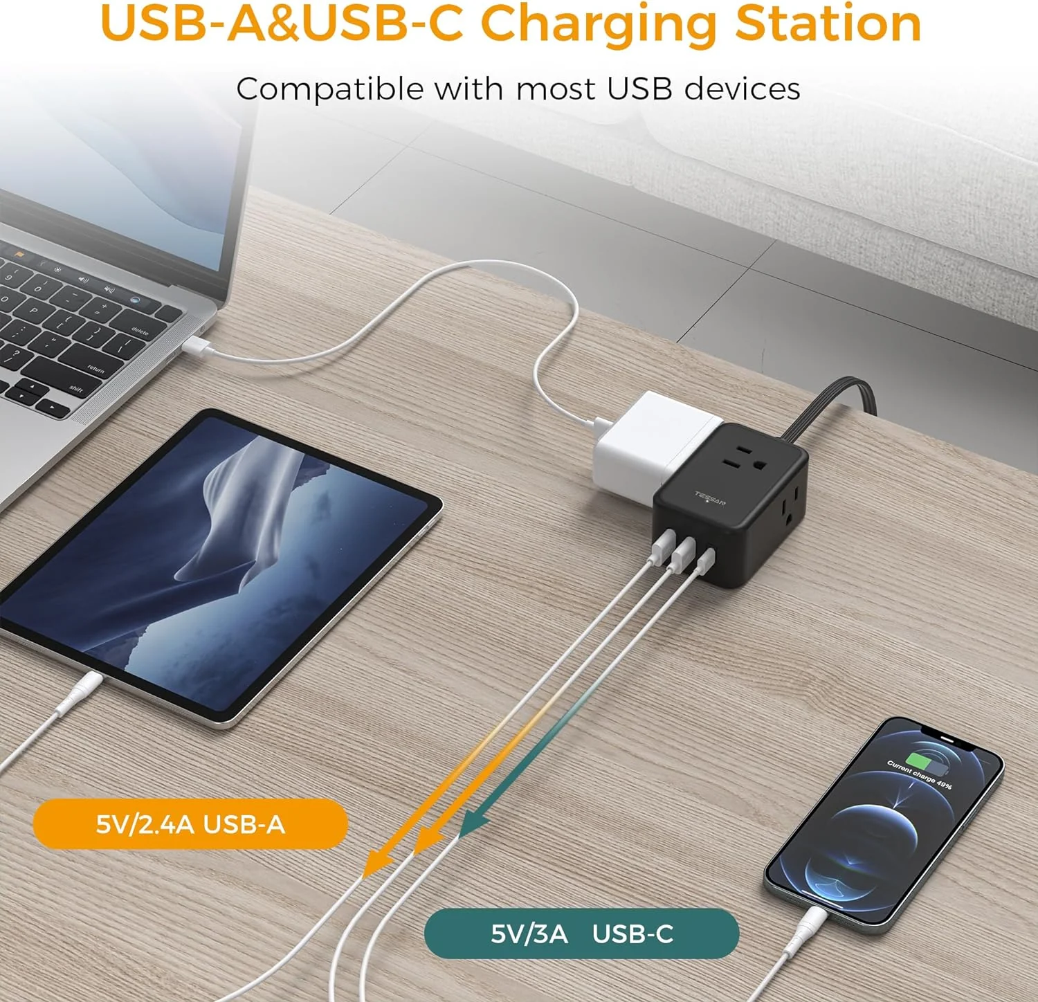 TESSAN Ultra Thin Power Strip with 3 USB Wall Charger (1 USB C), Flat Black Extension Cord - Image 4