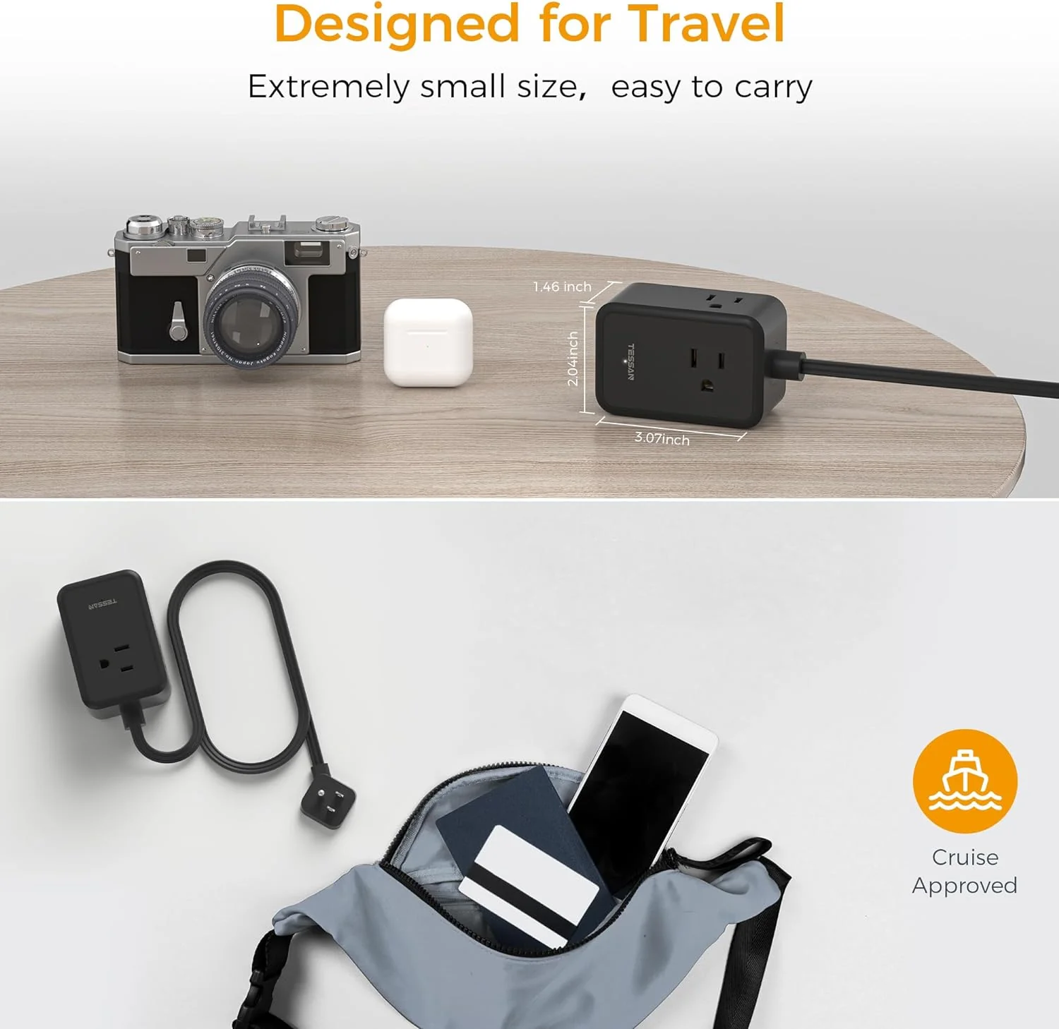 TESSAN Ultra Thin Power Strip with 3 USB Wall Charger (1 USB C), Flat Black Extension Cord - Image 5