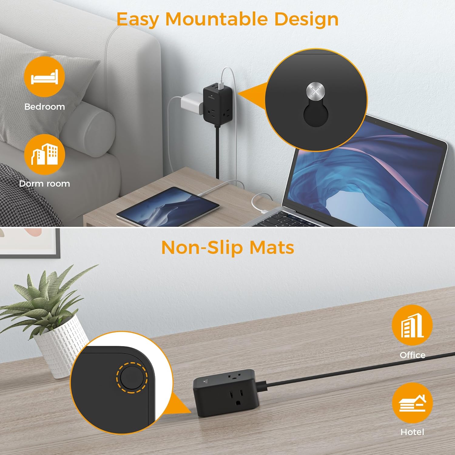 TESSAN Ultra Thin Power Strip with 3 USB Wall Charger (1 USB C), Flat Black Extension Cord - Image 6