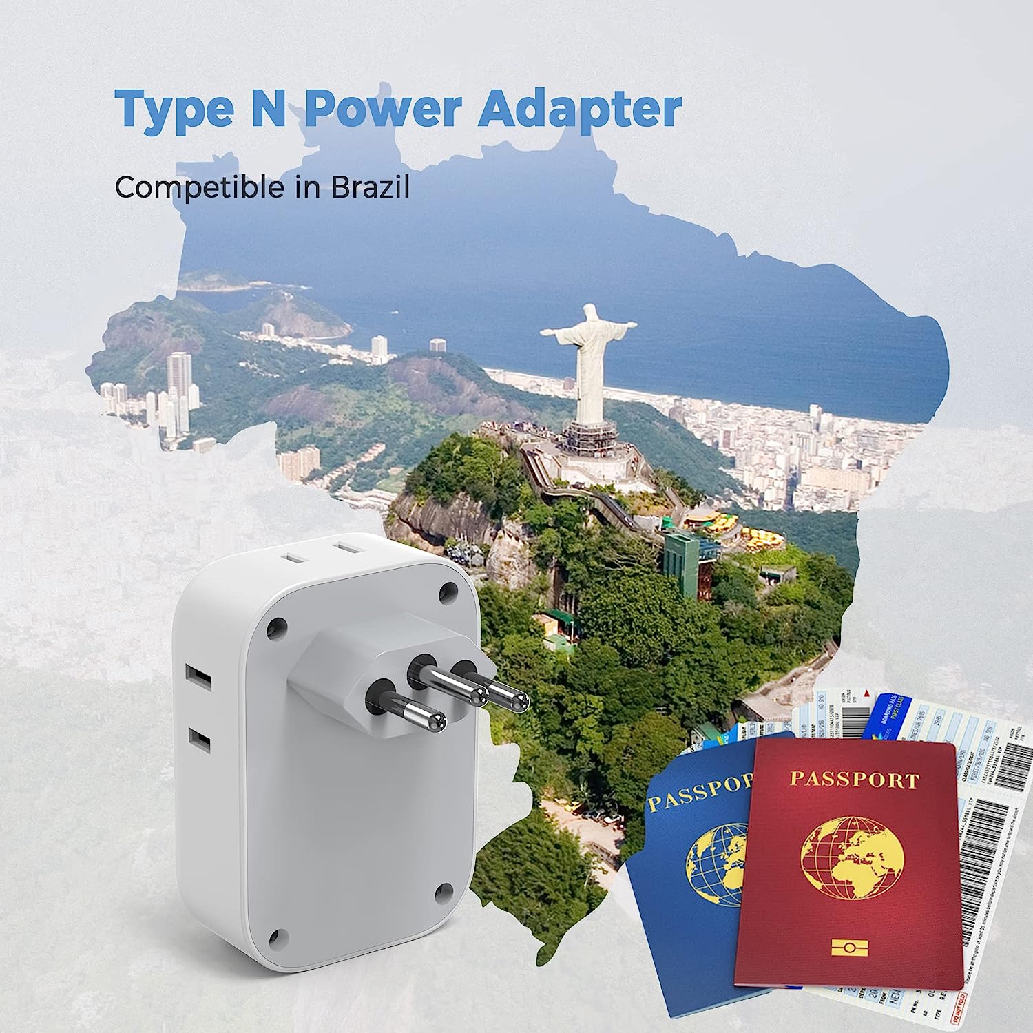 TESSAN US to Brazil Travel Plug with 4 American Outlets 3 USB Charger (1 USB C Port) - Image 3