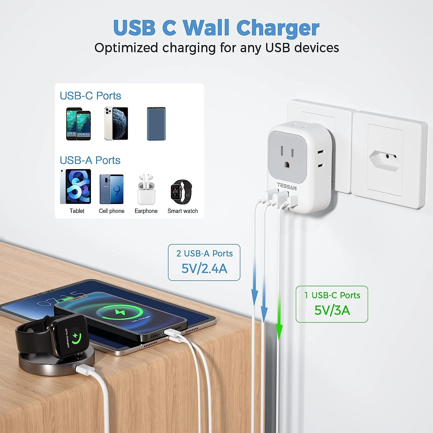 TESSAN US to Brazil Travel Plug with 4 American Outlets 3 USB Charger (1 USB C Port) - Image 4