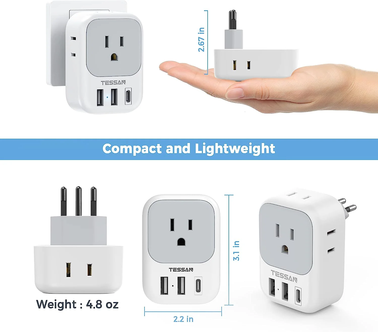 TESSAN US to Brazil Travel Plug with 4 American Outlets 3 USB Charger (1 USB C Port) - Image 5