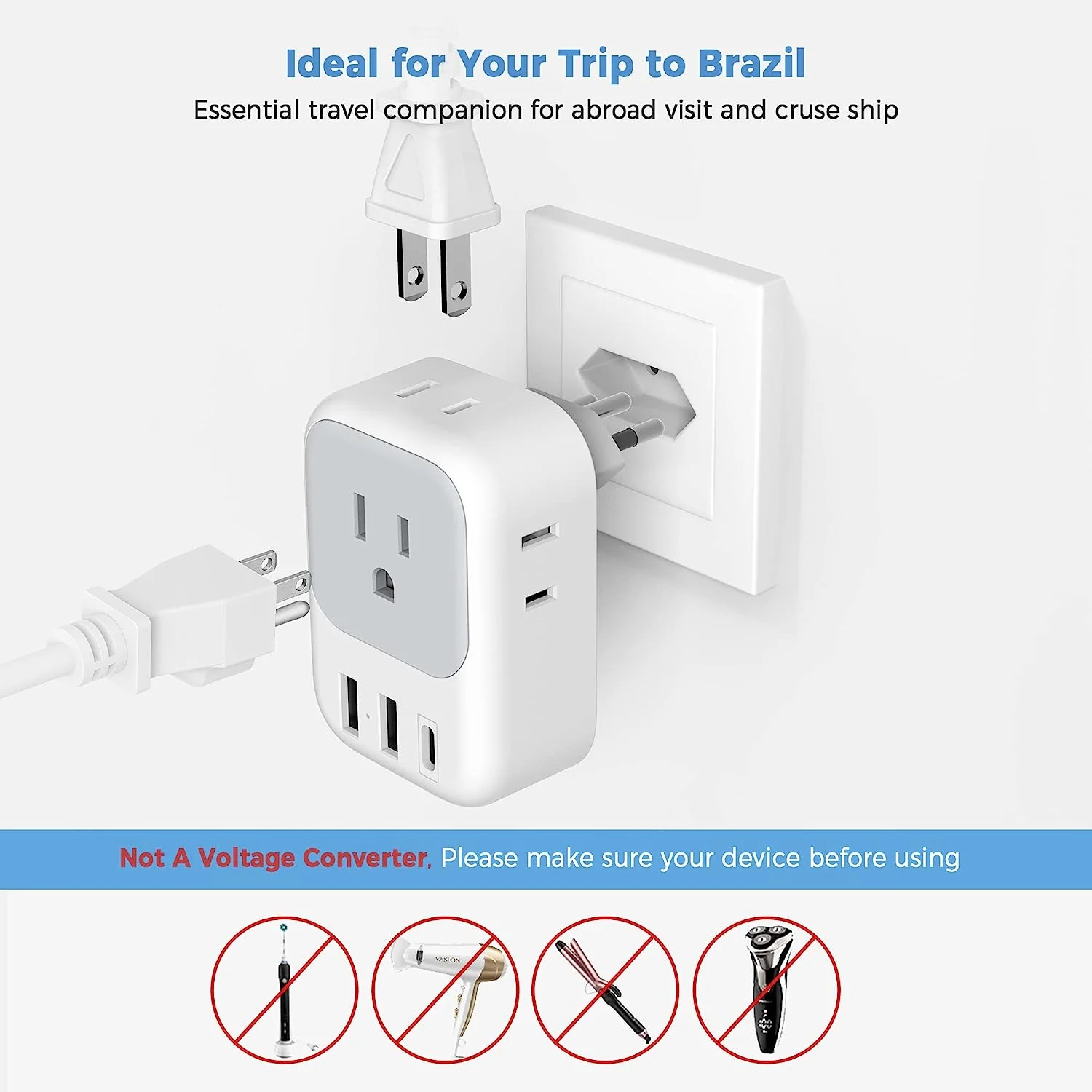 TESSAN US to Brazil Travel Plug with 4 American Outlets 3 USB Charger (1 USB C Port) - Image 6