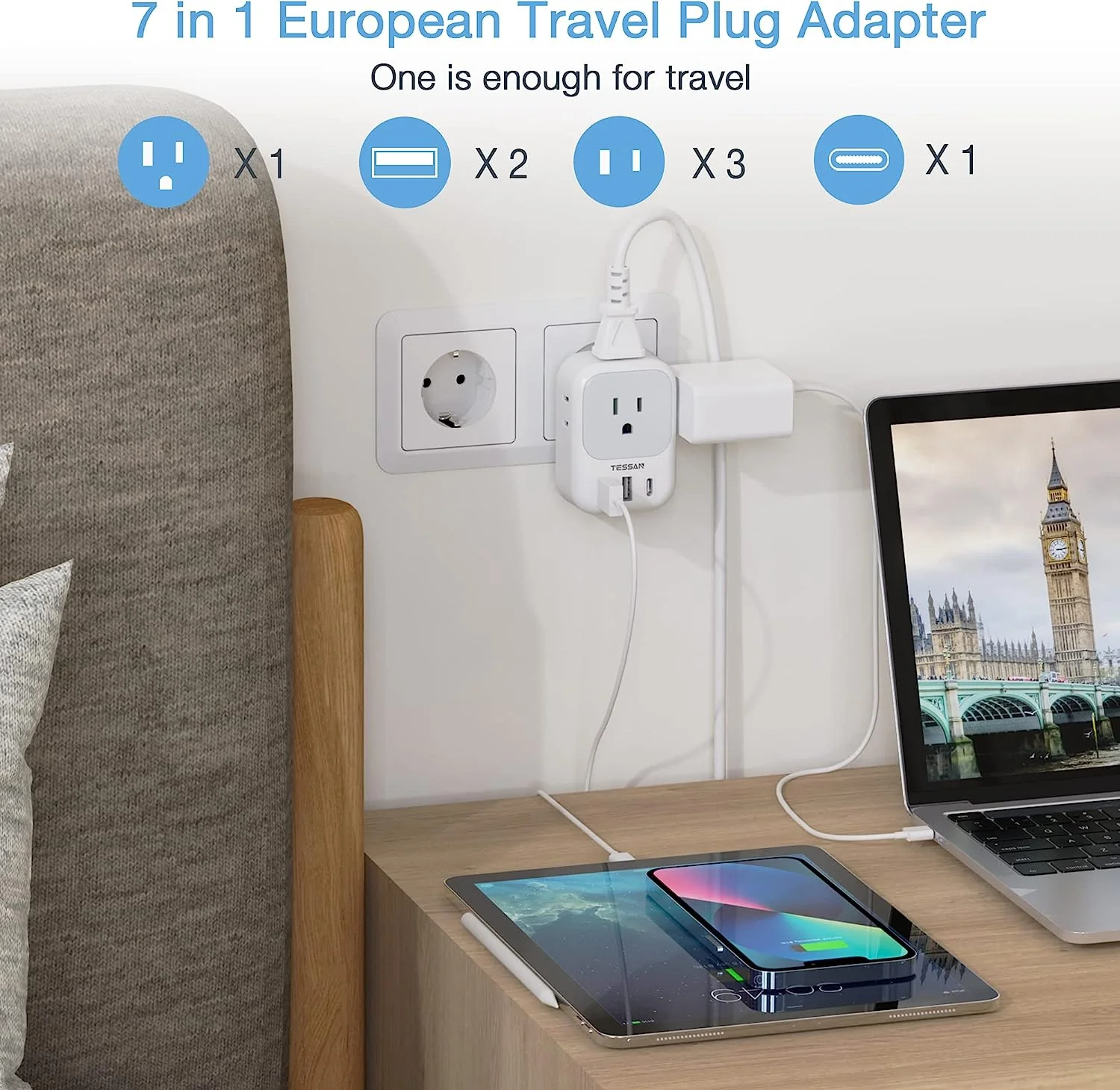 TESSAN US to Europe Plug Adapter with 4 Outlets 3 USB Charger (1 USB C Port), 2 Pack - Image 3