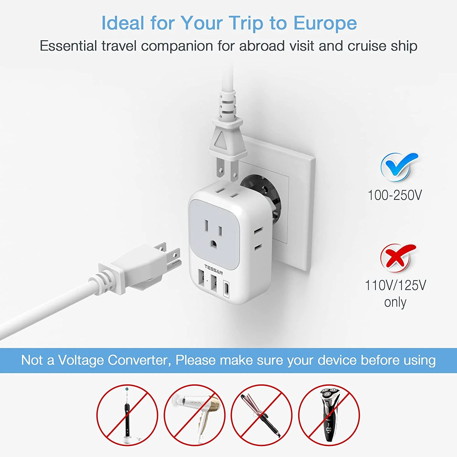 TESSAN US to Europe Plug Adapter with 4 Outlets 3 USB Charger (1 USB C Port), 2 Pack - Image 5