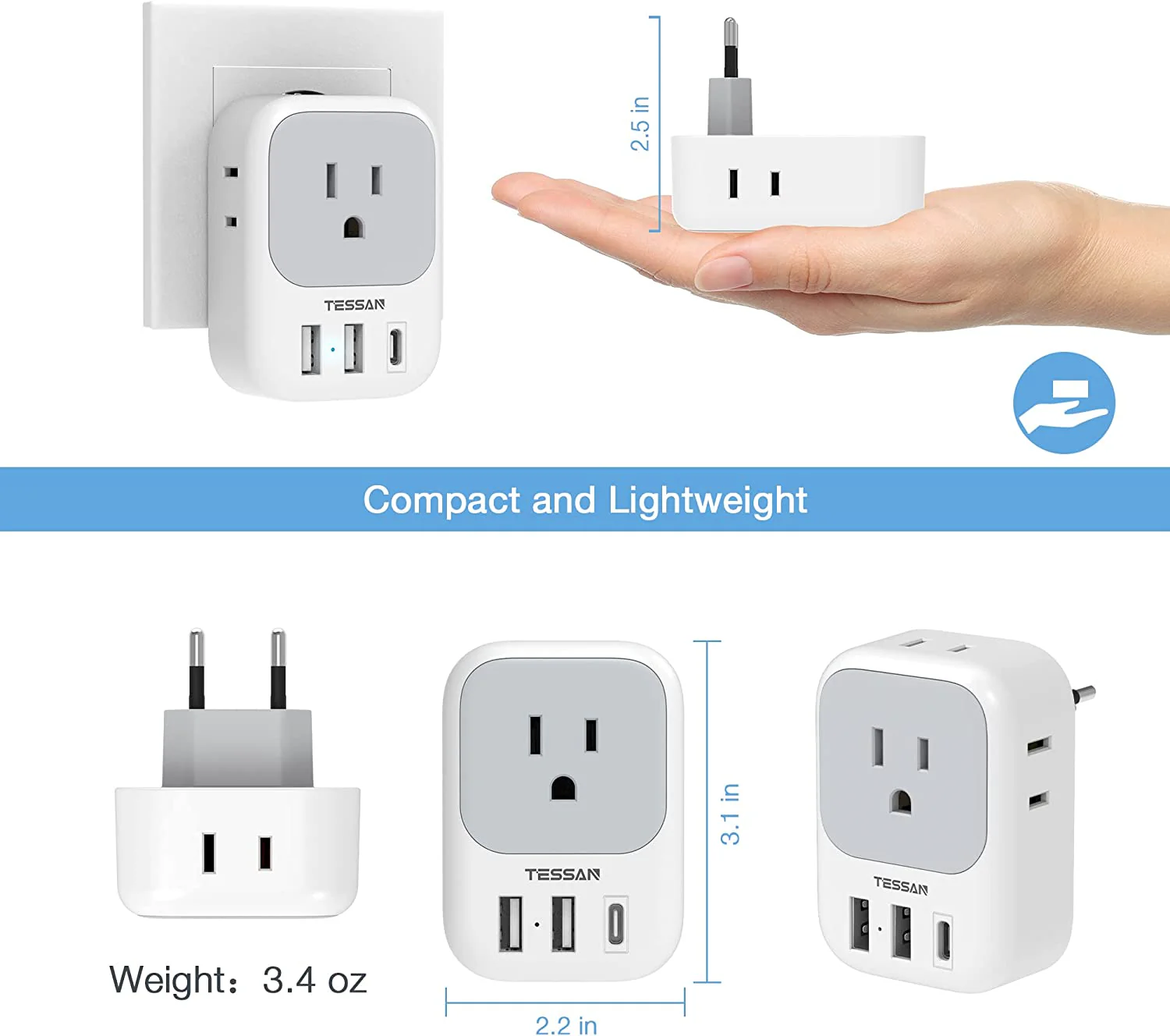 TESSAN US to Europe Plug Adapter with 4 Outlets 3 USB Charger (1 USB C Port), 2 Pack - Image 6