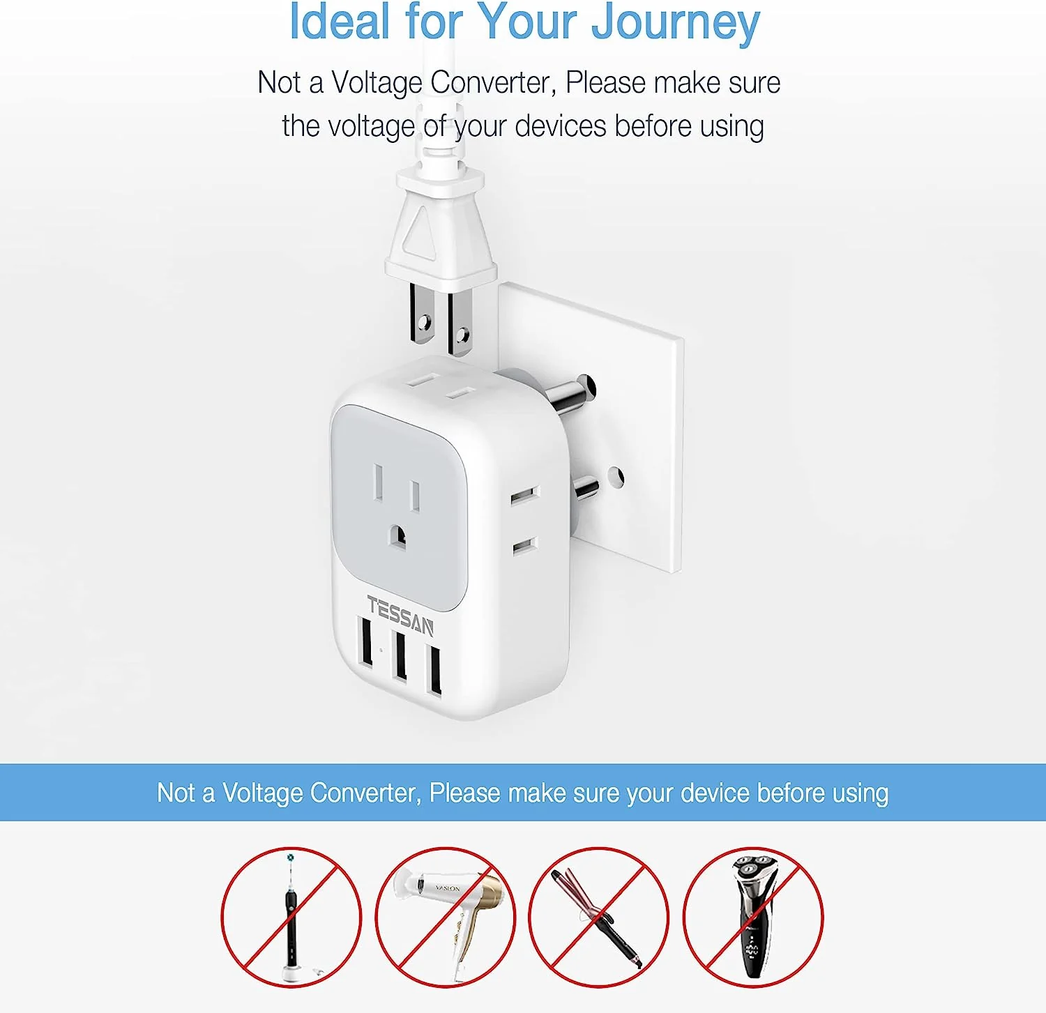 TESSAN US to India Plug Adapter with 4 AC Outlets 3 USB Charging Ports - Image 5