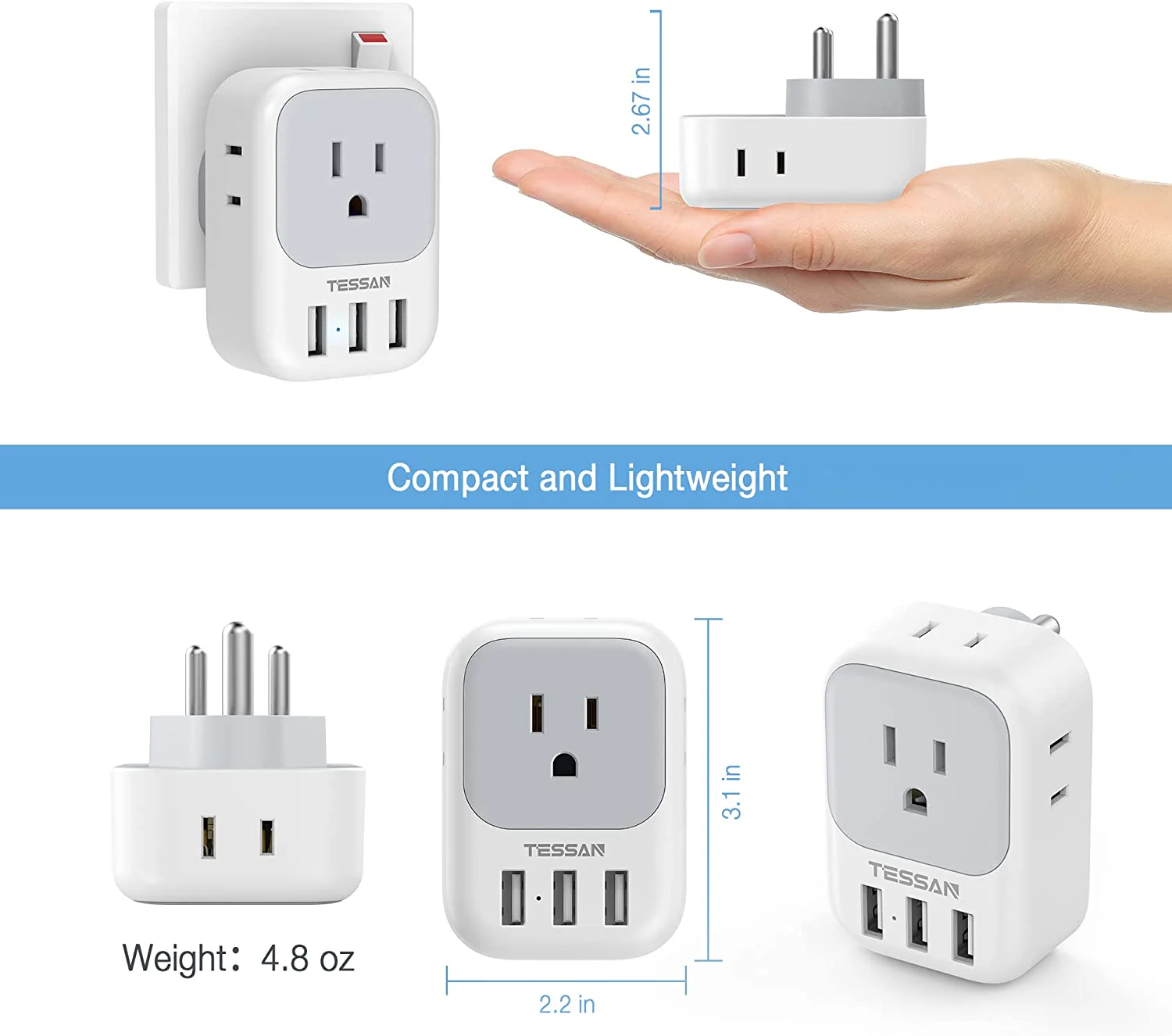 TESSAN US to India Plug Adapter with 4 AC Outlets 3 USB Charging Ports - Image 6