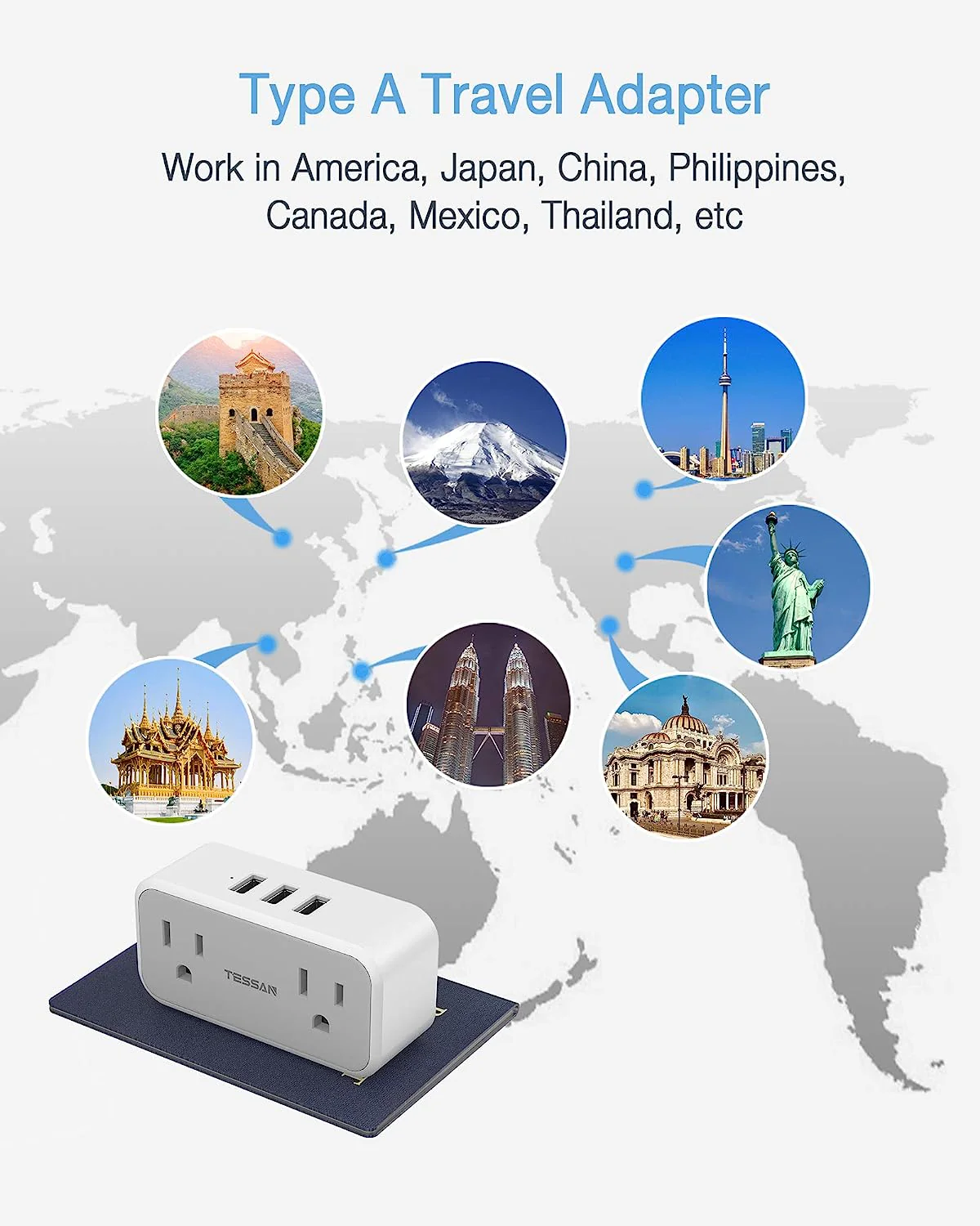 TESSAN US to Japan Plug Adapter with 2 3 Outlets USB Wall Charger - Image 4