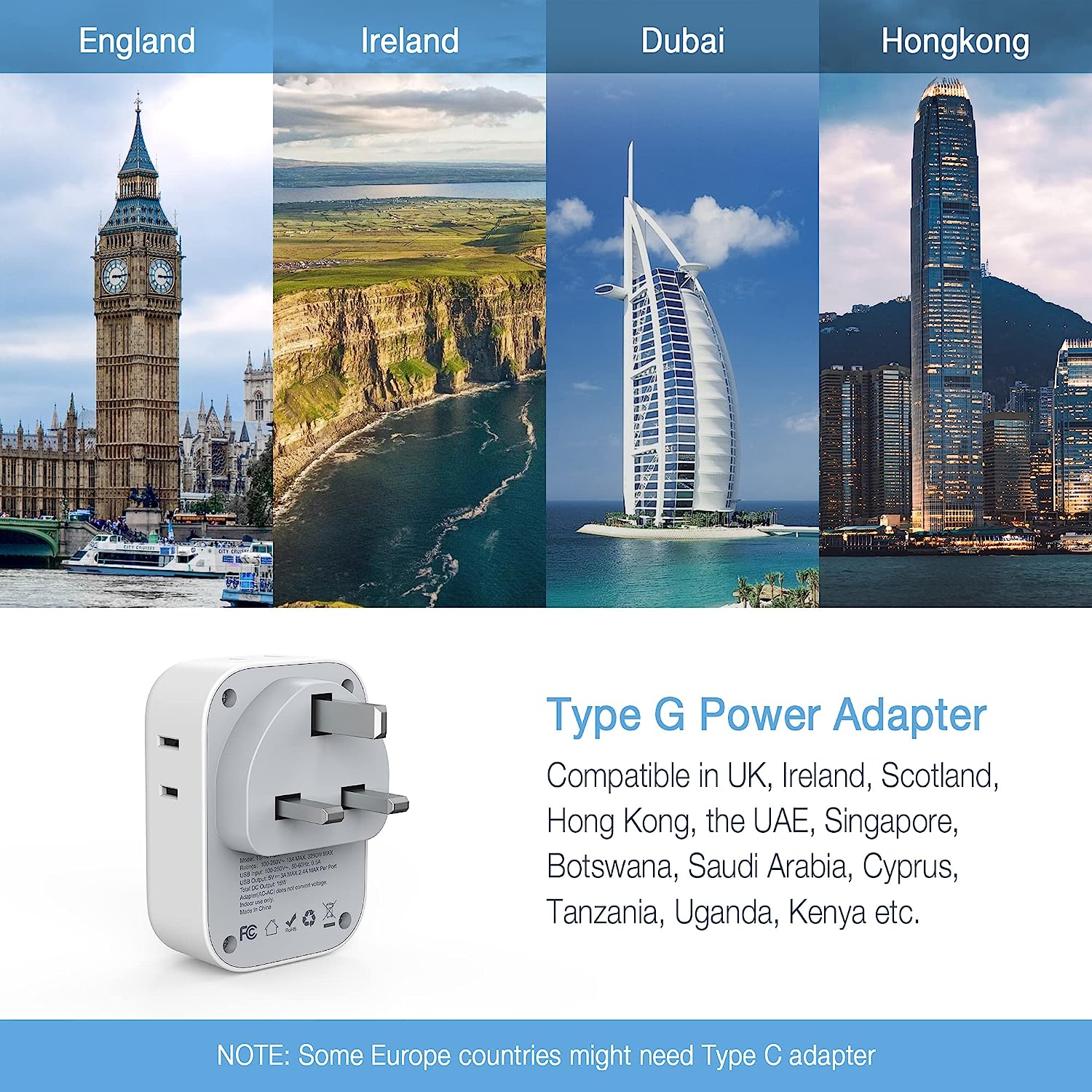 TESSAN US to UK Plug Adapter with 4 Electrical Outlet 3 USB Charger, 3 Pack - Image 4