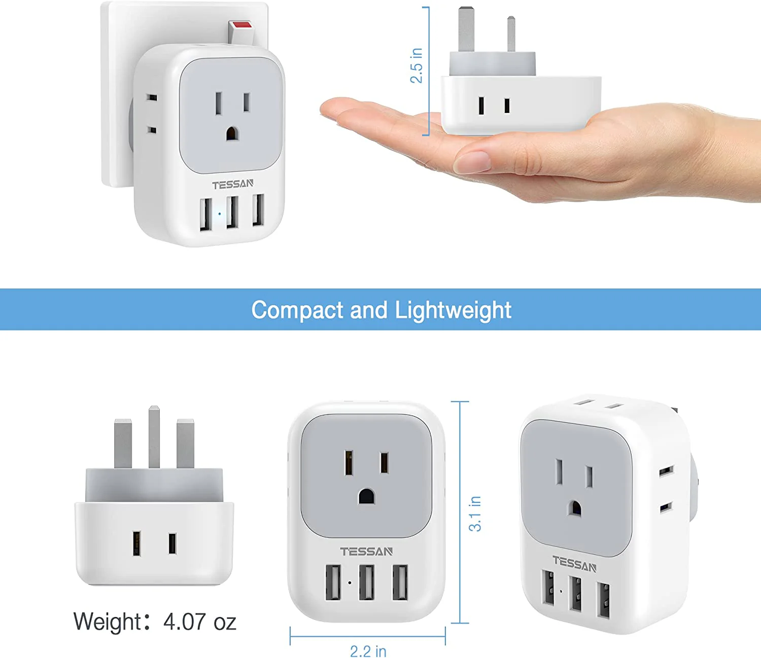 TESSAN US to UK Plug Adapter with 4 Electrical Outlet 3 USB Charger, 3 Pack - Image 6