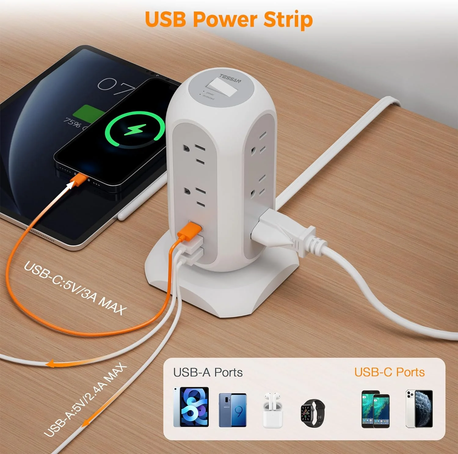 TESSAN Tower Power Strip Flat Plug 6FT with 11 Outlets 3 USB (1 USB C) - Image 3