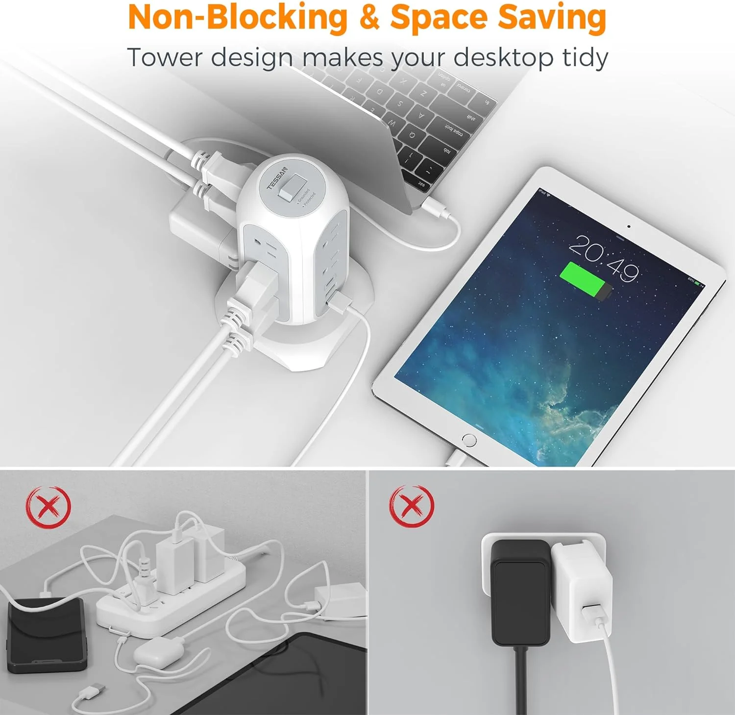 TESSAN Tower Power Strip Flat Plug 6FT with 11 Outlets 3 USB (1 USB C) - Image 5