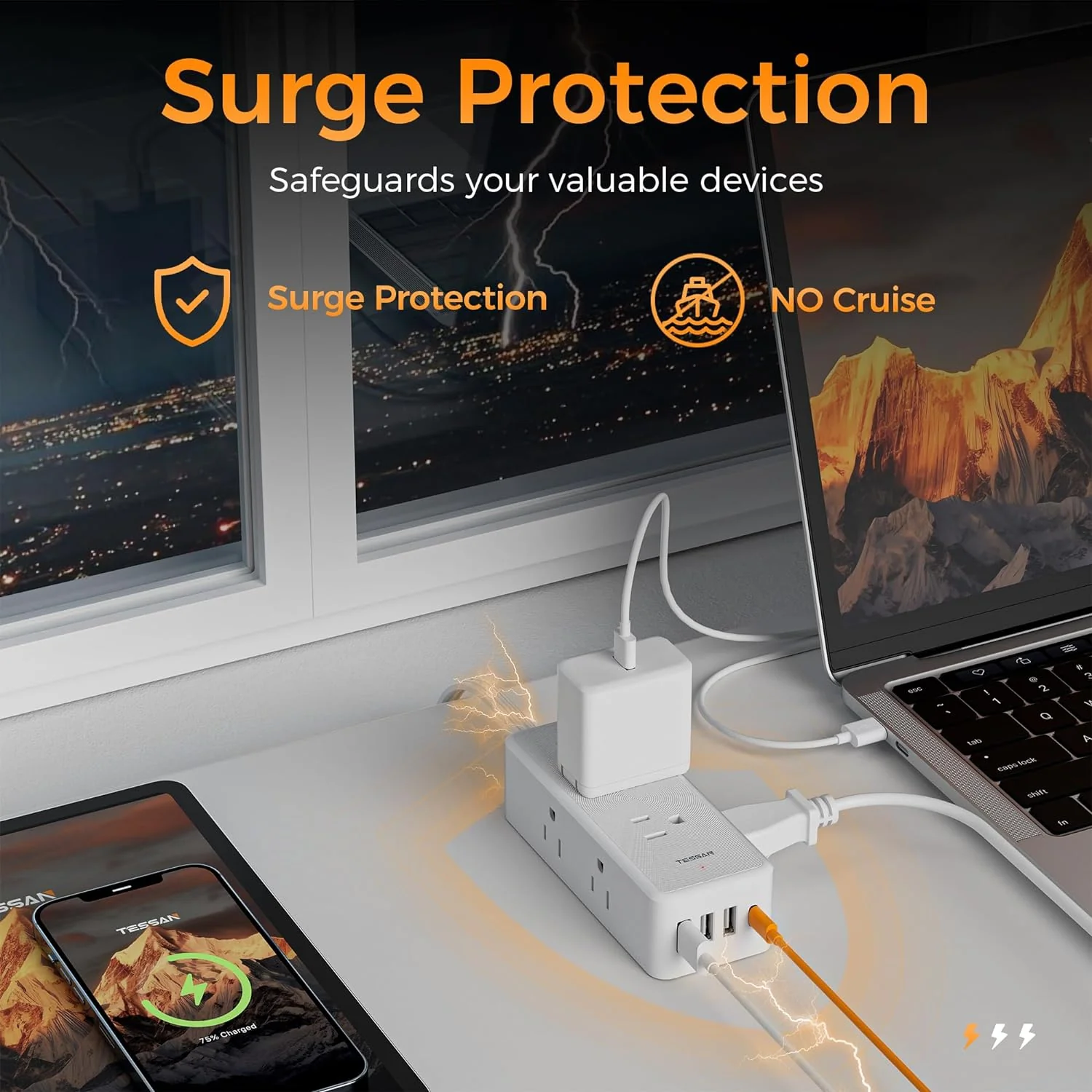 TESSAN Ultra Thin Flat Plug 5 ft with 6 AC Outlets 4 USB (1 USB C) Ports - Image 4