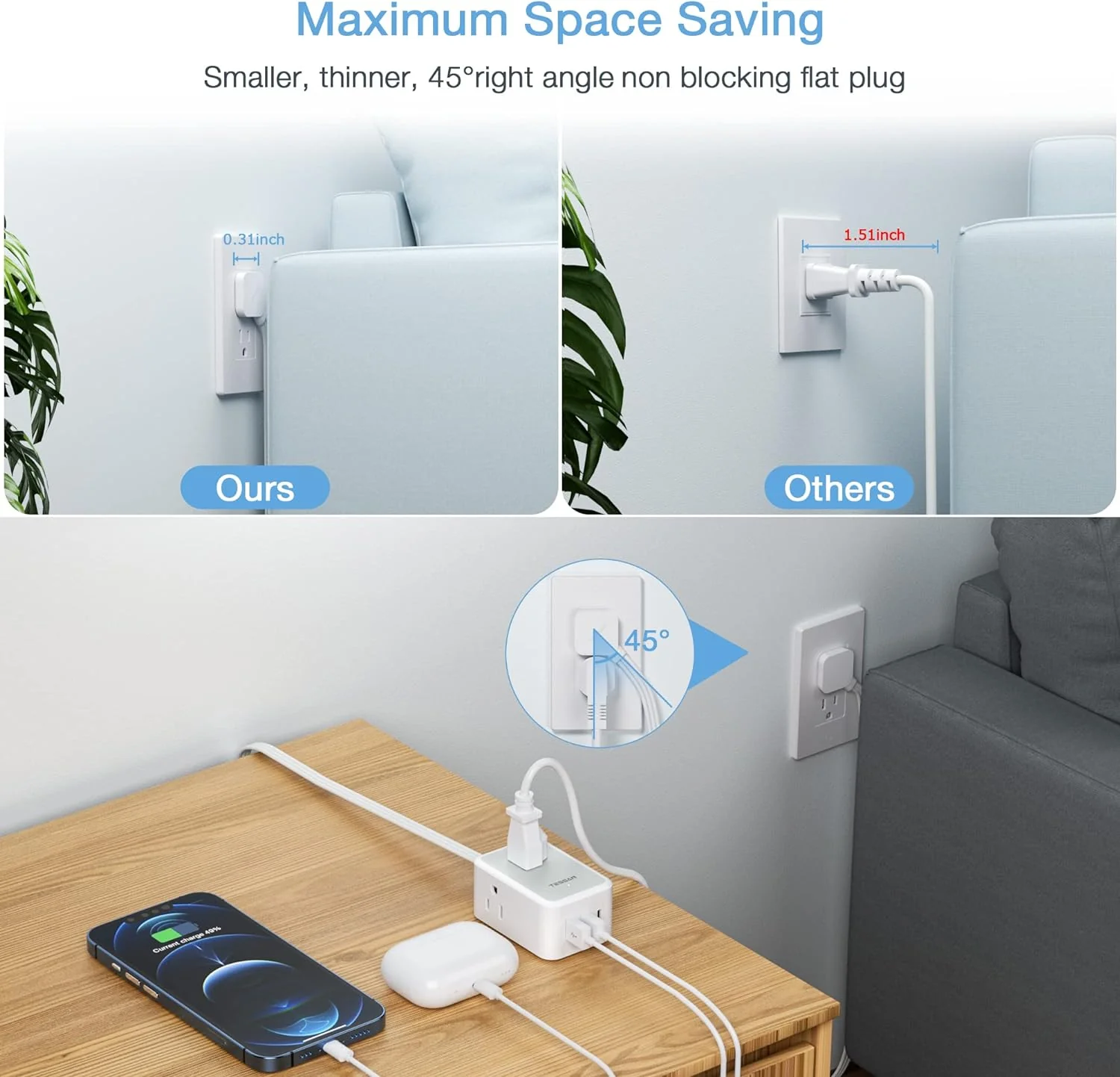 TESSAN Ultra Thin Flat Plug Power Strip 1021 - Image 4