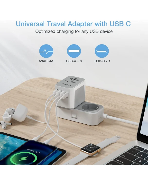TESSAN International Travel Plug Adaptor with 4 USB Ports PD 17W - Image 4