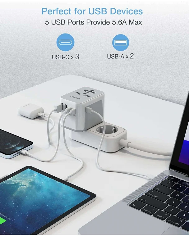 TESSAN Universal 28W Travel Adapter with 5 USB Ports - Image 5
