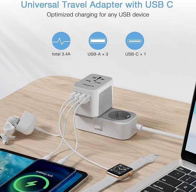 TESSAN Universal Travel Adapter 5 USB Ports - Gray - Image 4